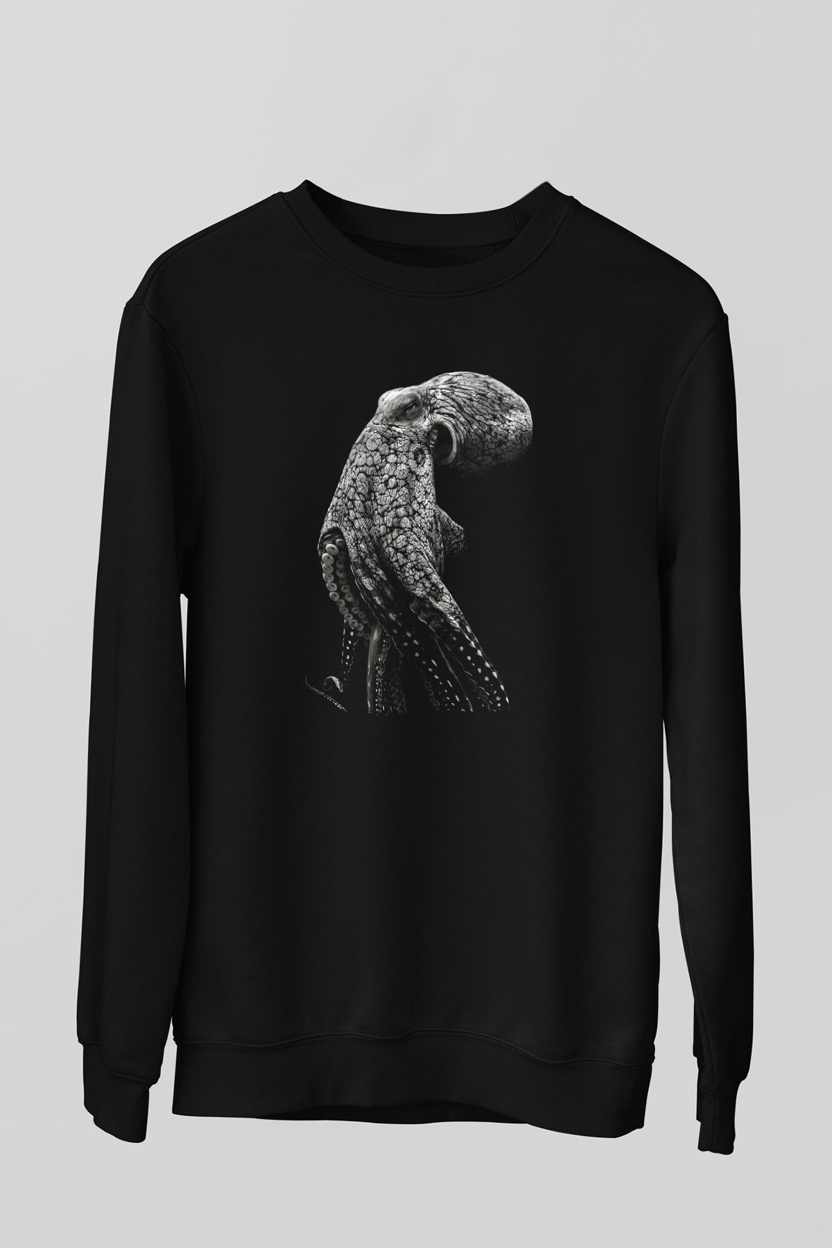 Ahtapot Baskılı Unisex Siyah Sweatshirt