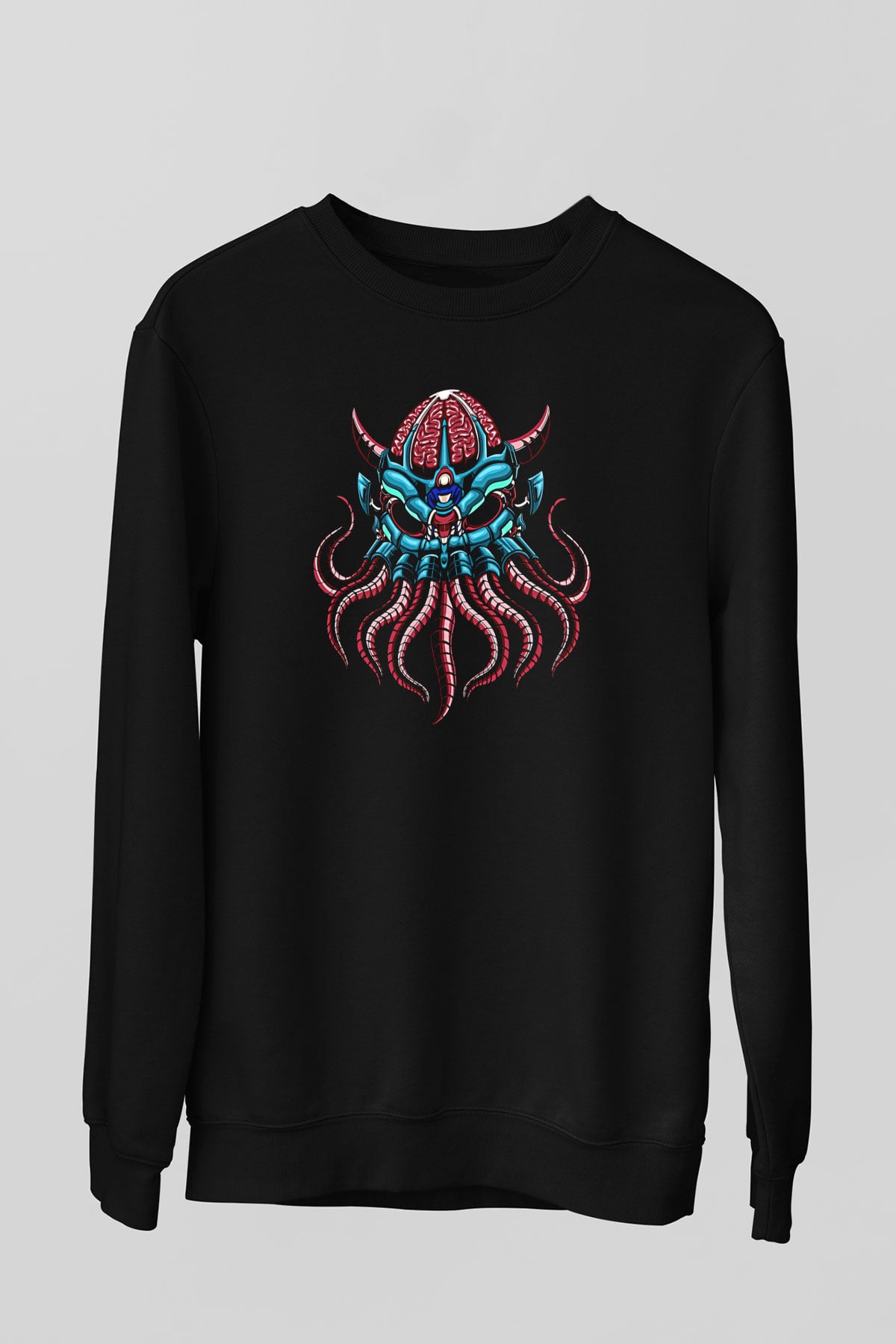 Ahtapot Baskılı Unisex Siyah Sweatshirt