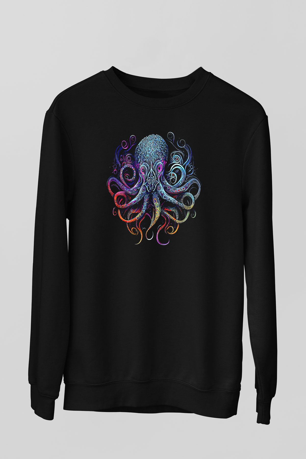 Ahtapot Baskılı Unisex Siyah Sweatshirt