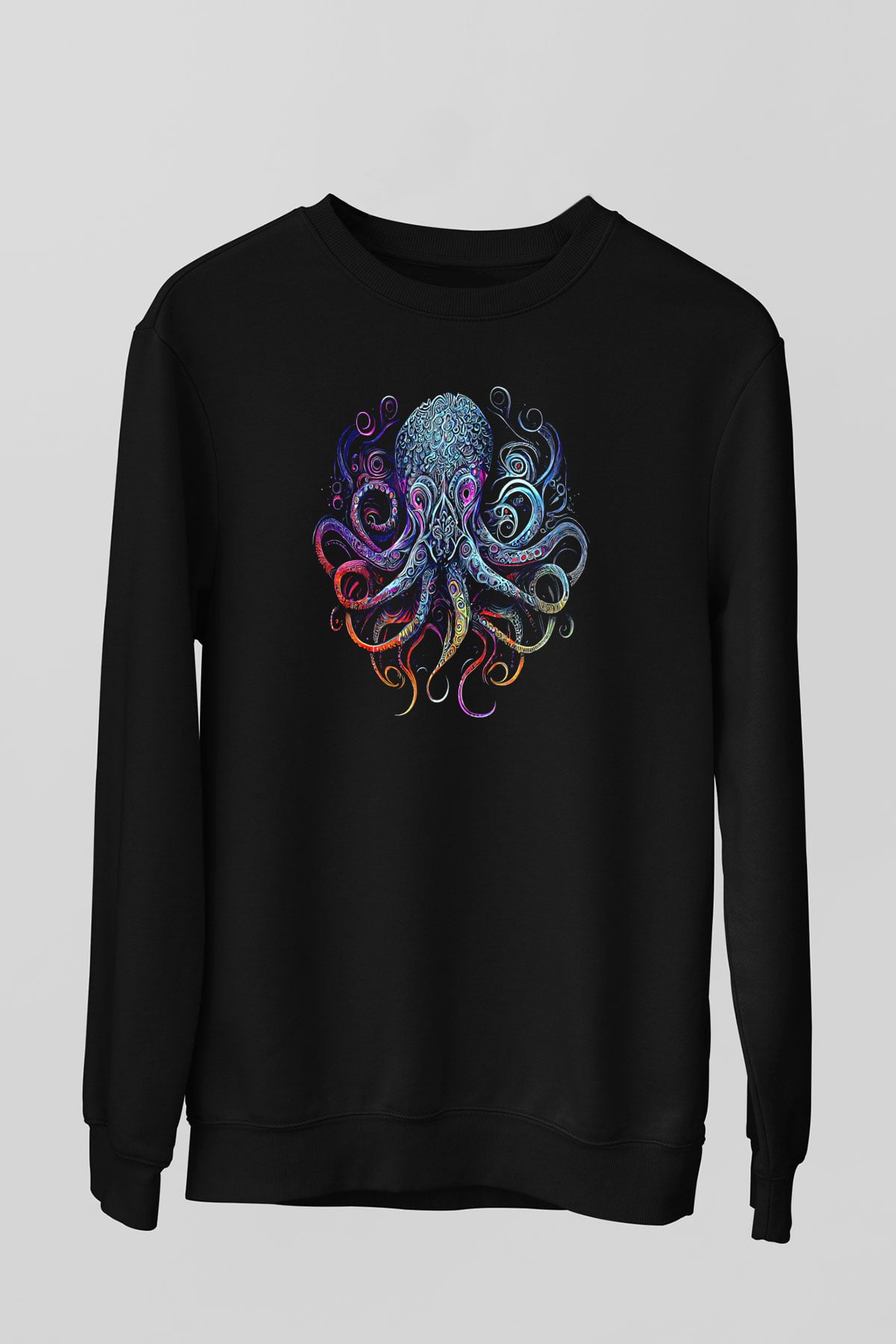 Ahtapot Baskılı Unisex Siyah Sweatshirt