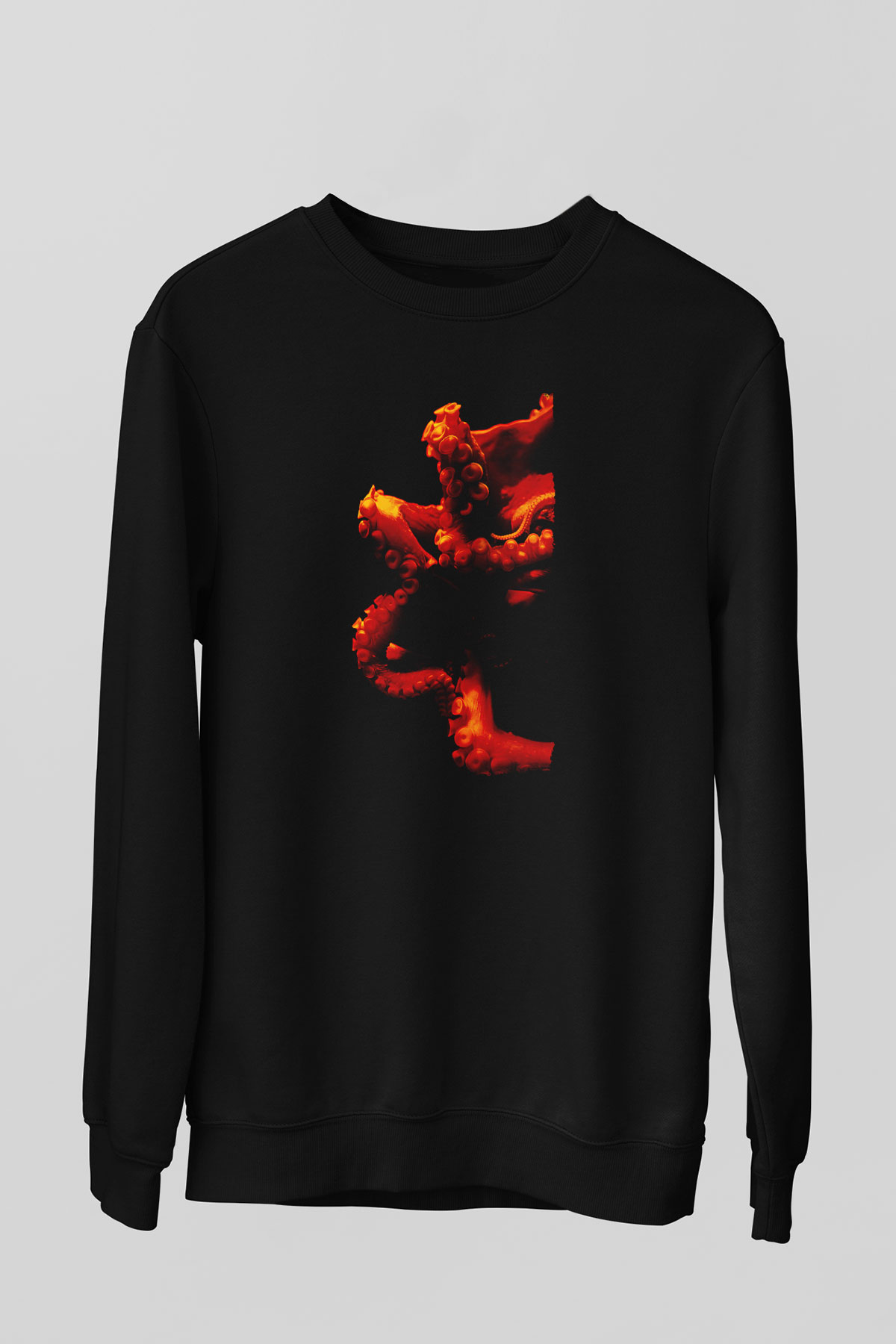 Ahtapot Baskılı Unisex Siyah Sweatshirt