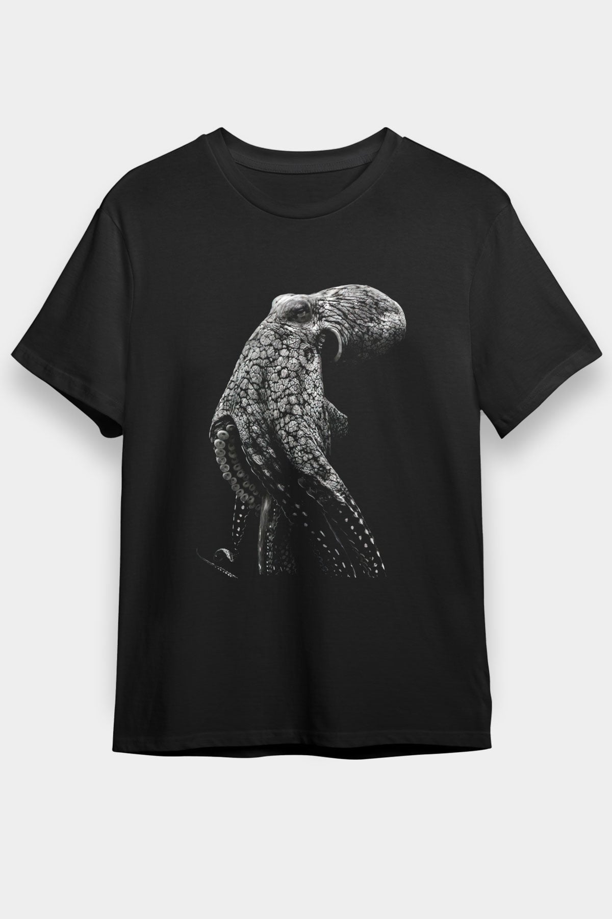 Ahtapot Baskılı Unisex Siyah Tişört - Tshirt