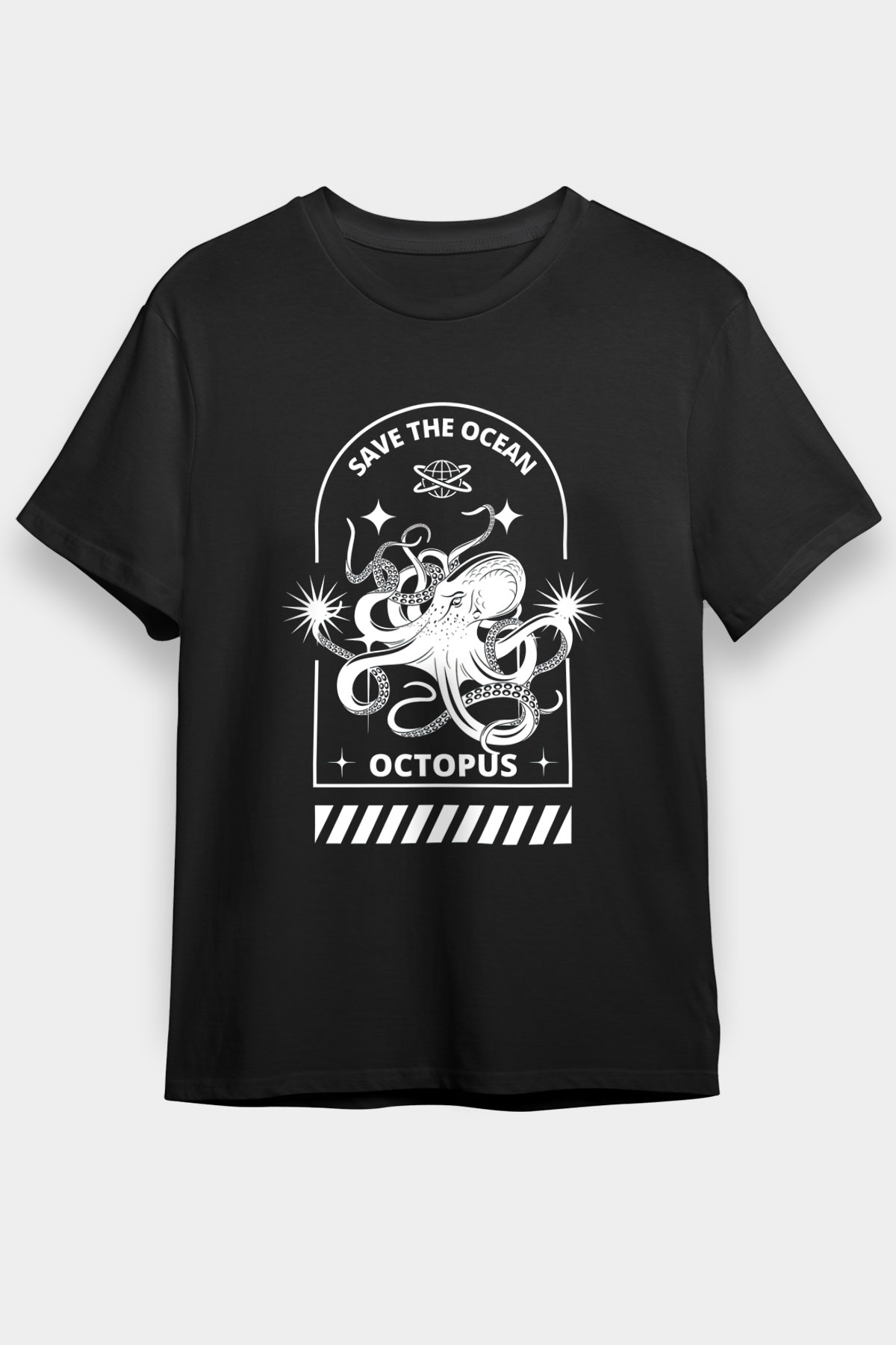 Ahtapot Baskılı Unisex Siyah Tişört - Tshirt