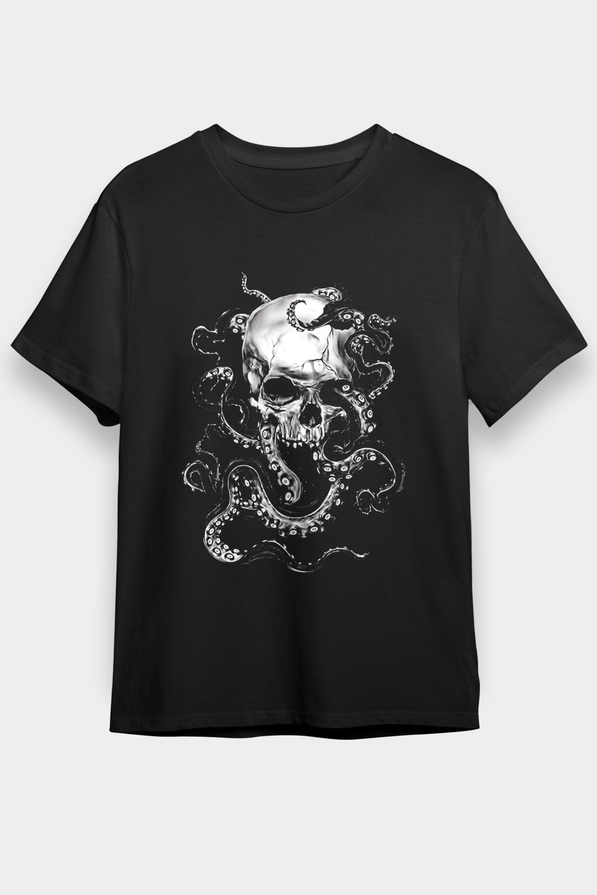 Ahtapot Baskılı Unisex Siyah Tişört - Tshirt