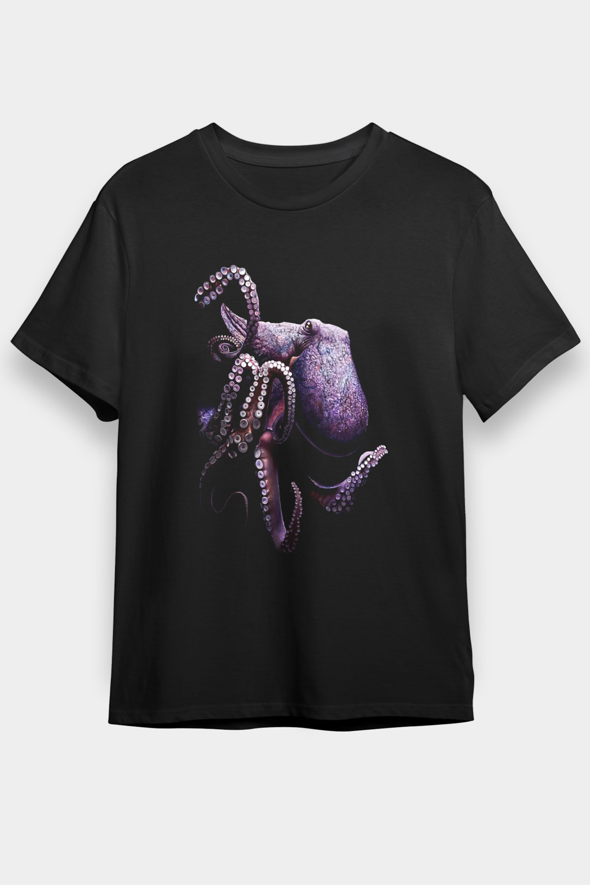 Ahtapot Baskılı Unisex Siyah Tişört - Tshirt