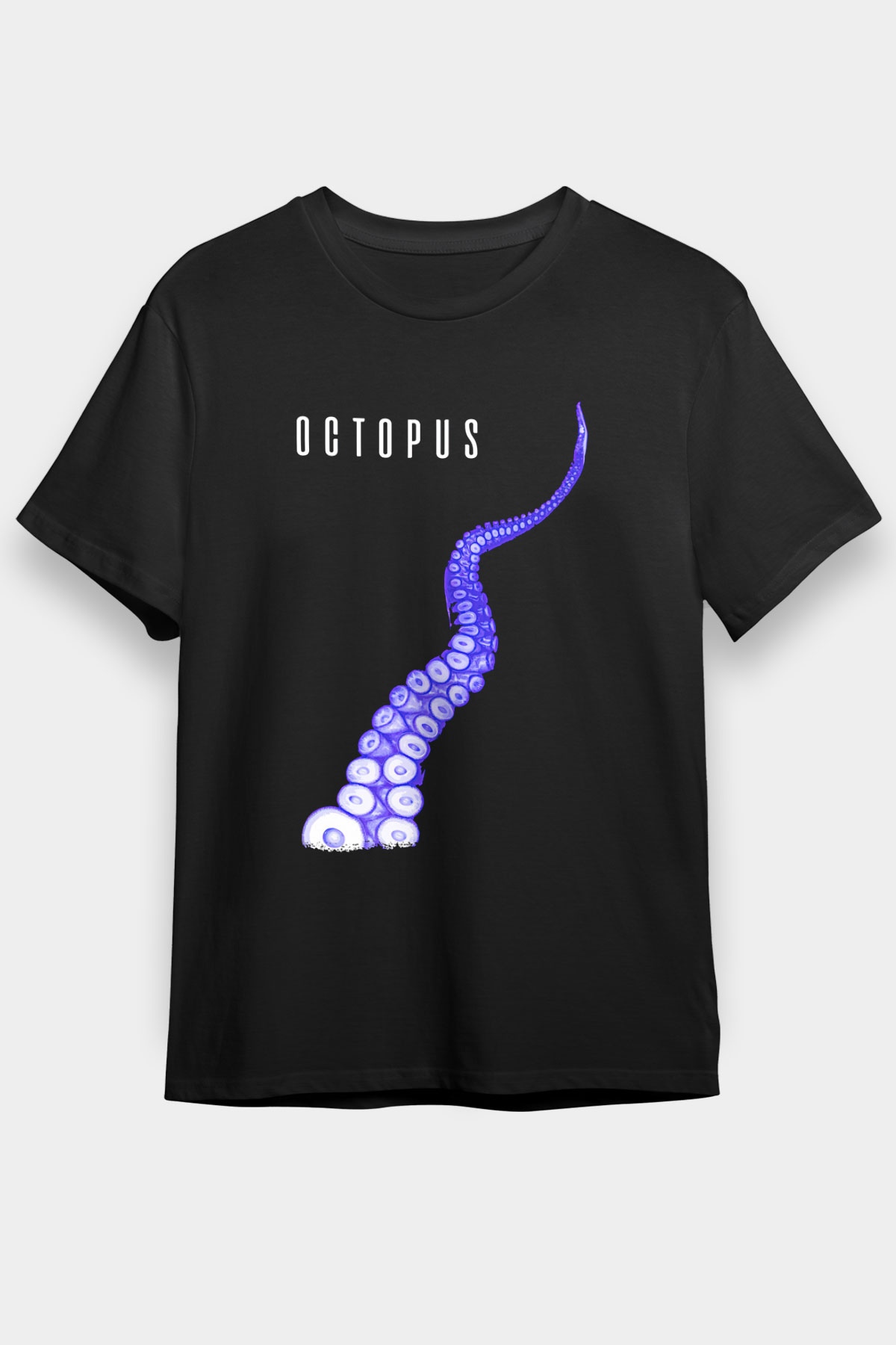 Ahtapot Baskılı Unisex Siyah Tişört - Tshirt
