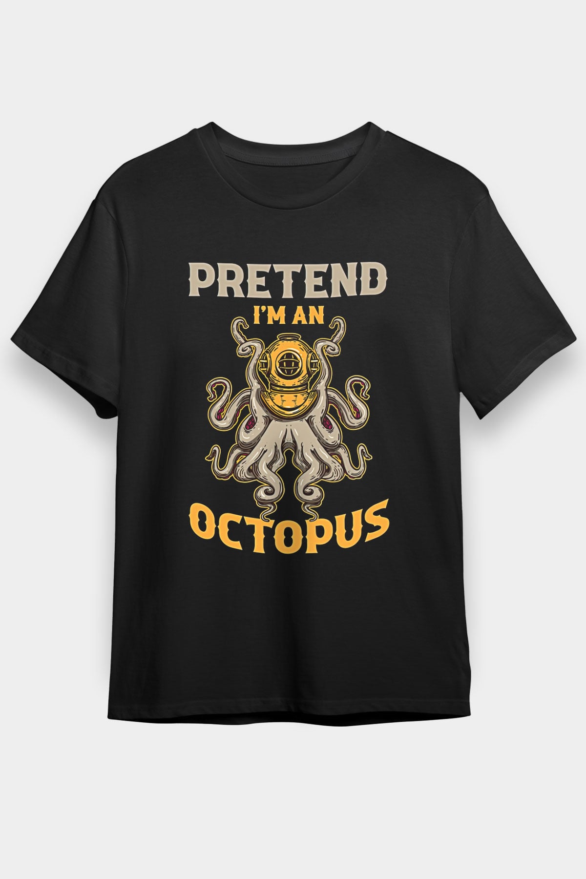 Ahtapot Baskılı Unisex Siyah Tişört - Tshirt
