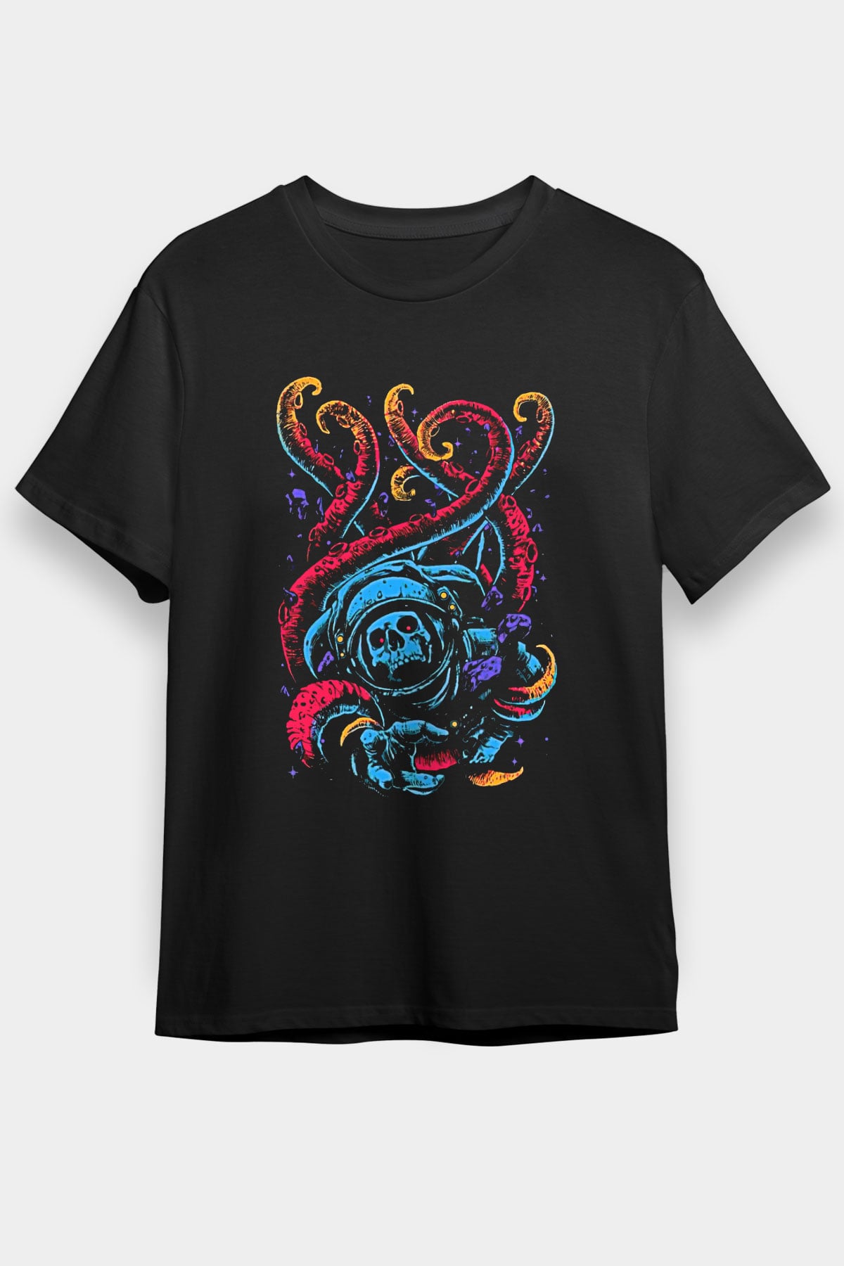 Ahtapot Baskılı Unisex Siyah Tişört - Tshirt