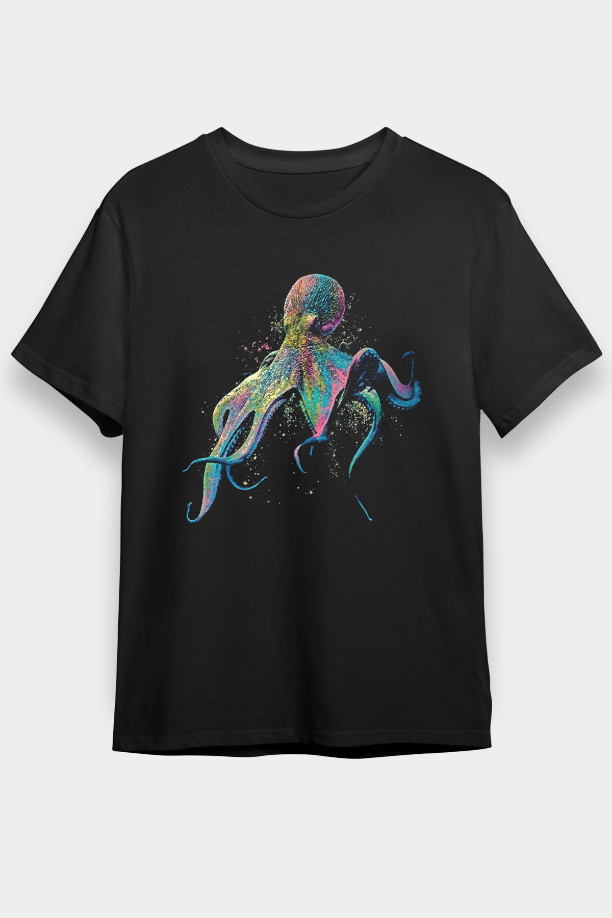 Ahtapot Baskılı Unisex Siyah Tişört - Tshirt