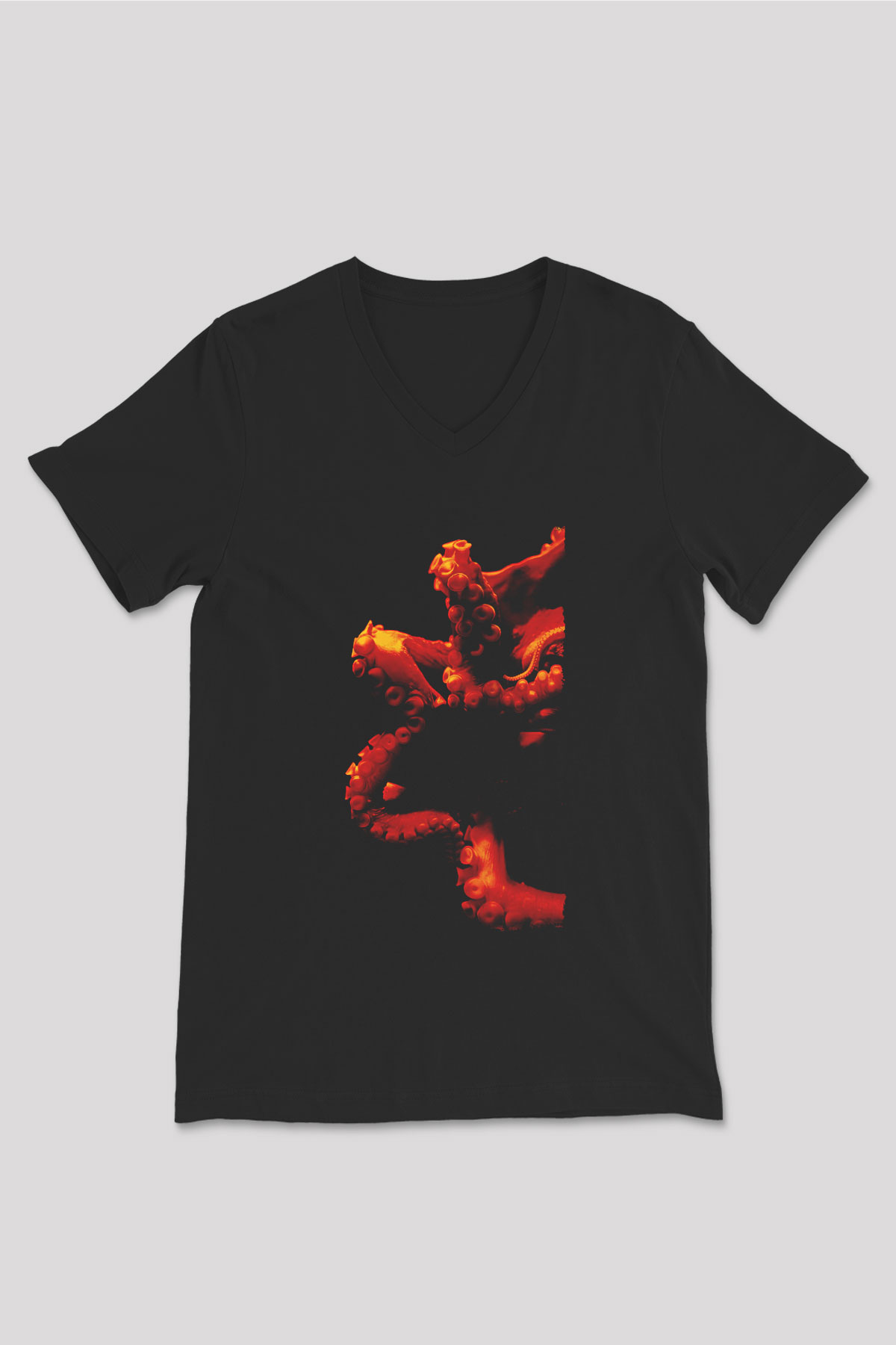 Ahtapot Baskılı Unisex Siyah V Yaka Tişört - Tshirt