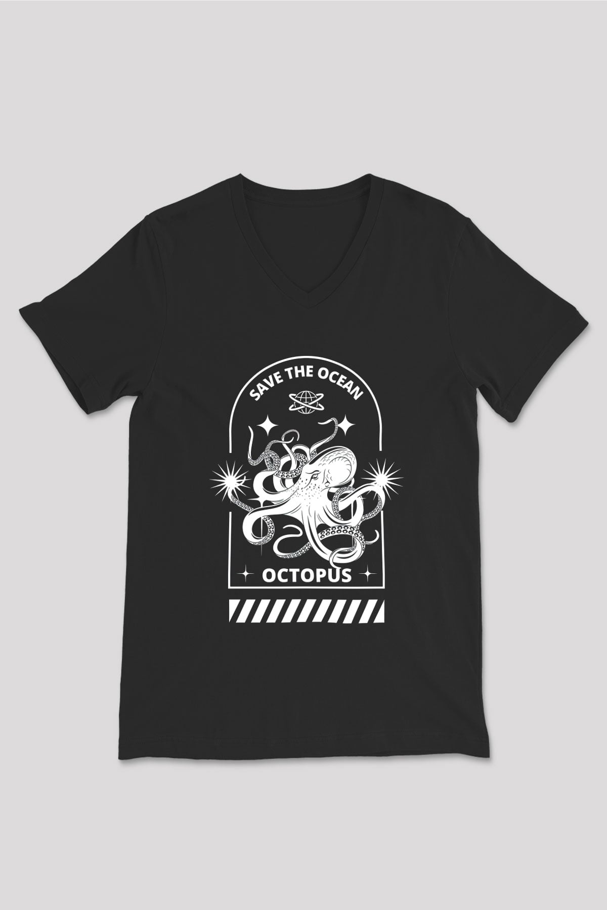 Ahtapot Baskılı Unisex Siyah V Yaka Tişört - Tshirt