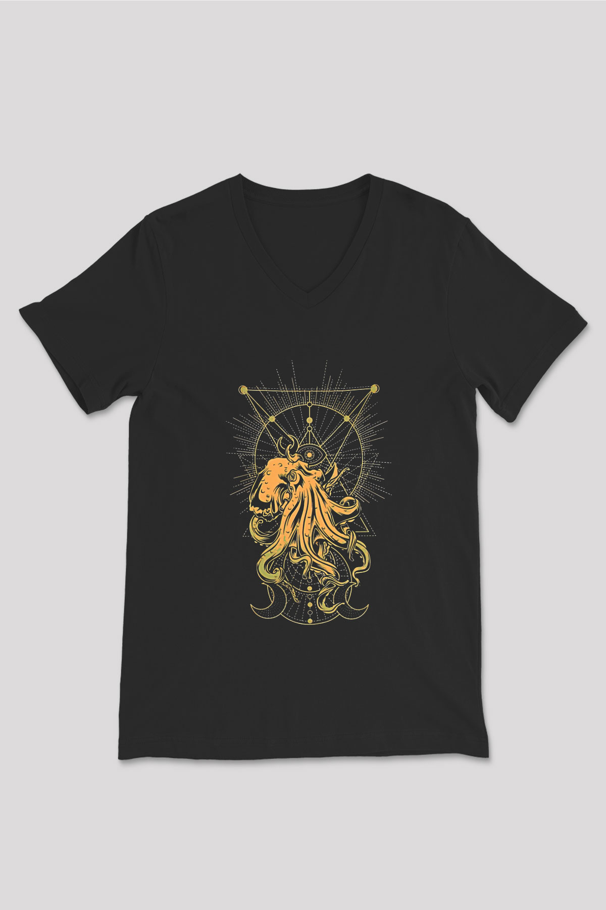 Ahtapot Baskılı Unisex Siyah V Yaka Tişört - Tshirt