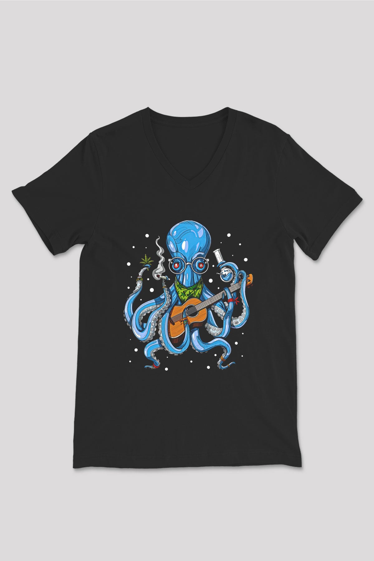 Ahtapot Baskılı Unisex Siyah V Yaka Tişört - Tshirt