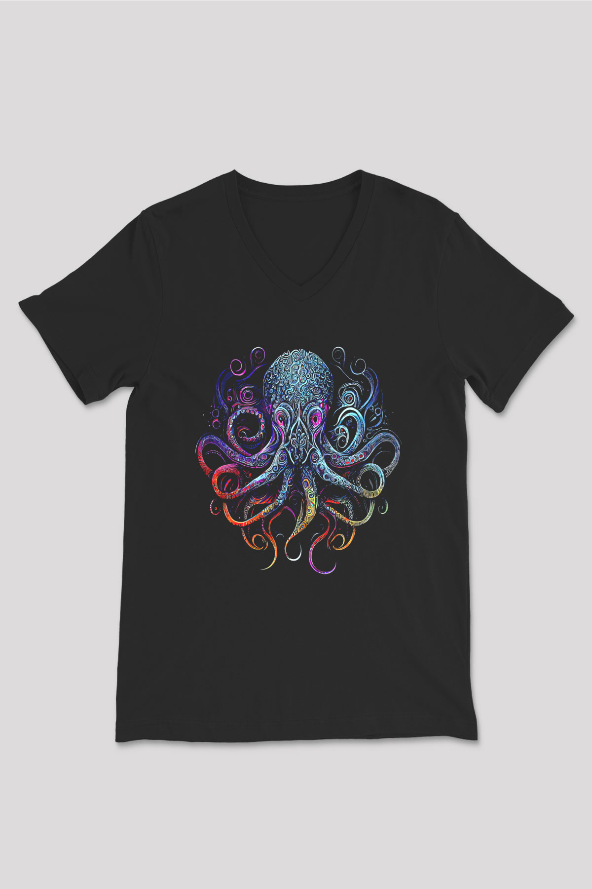Ahtapot Baskılı Unisex Siyah V Yaka Tişört - Tshirt