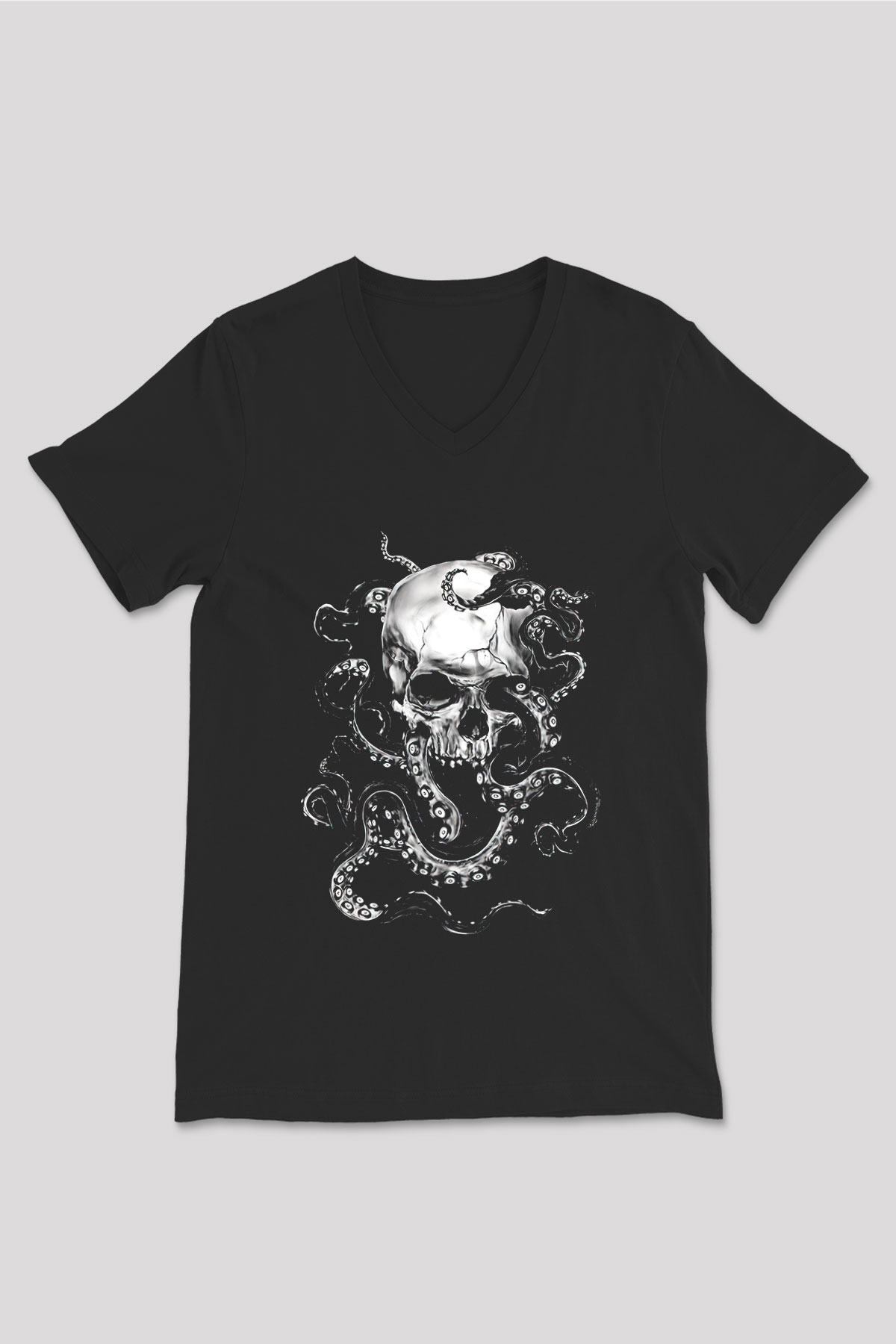 Ahtapot Baskılı Unisex Siyah V Yaka Tişört - Tshirt