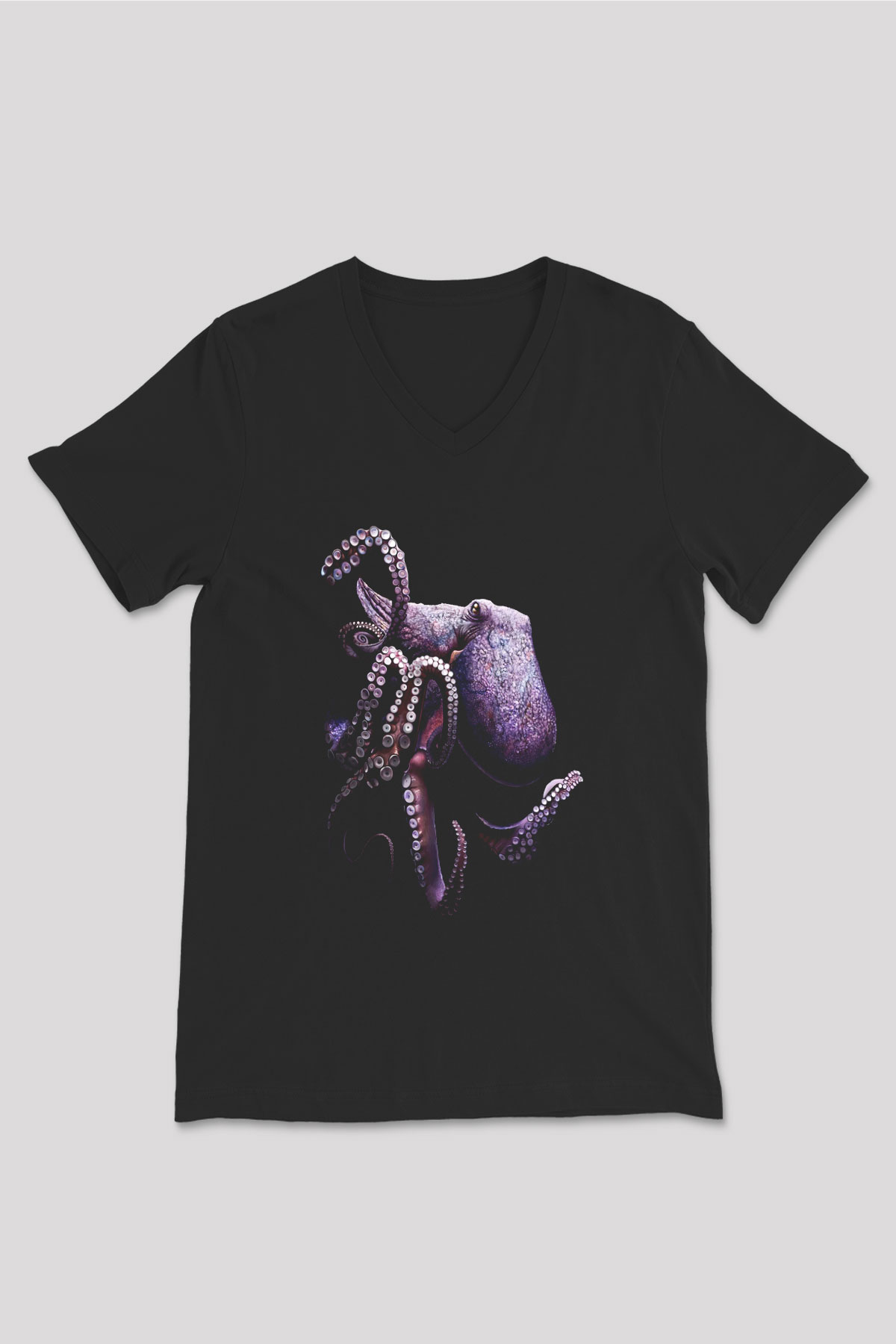 Ahtapot Baskılı Unisex Siyah V Yaka Tişört - Tshirt