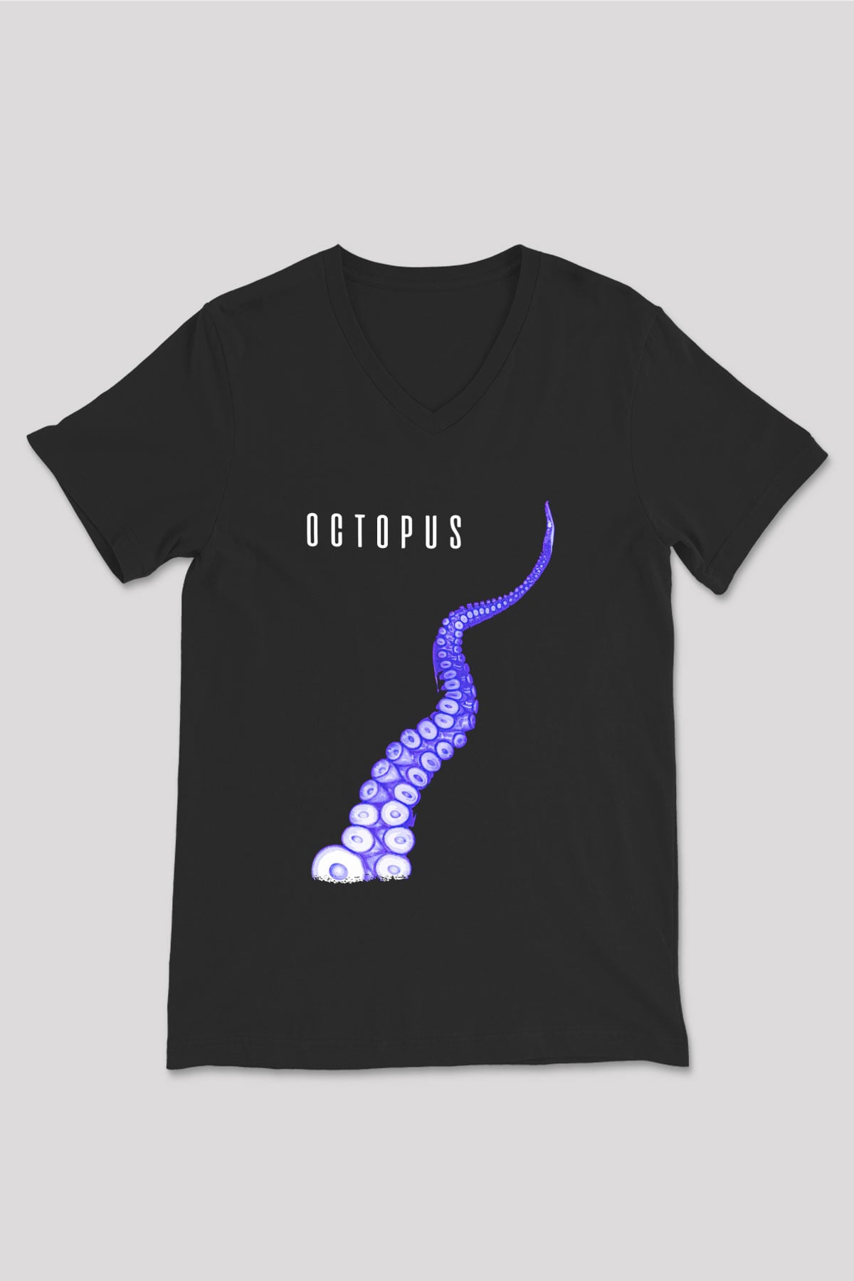 Ahtapot Baskılı Unisex Siyah V Yaka Tişört - Tshirt
