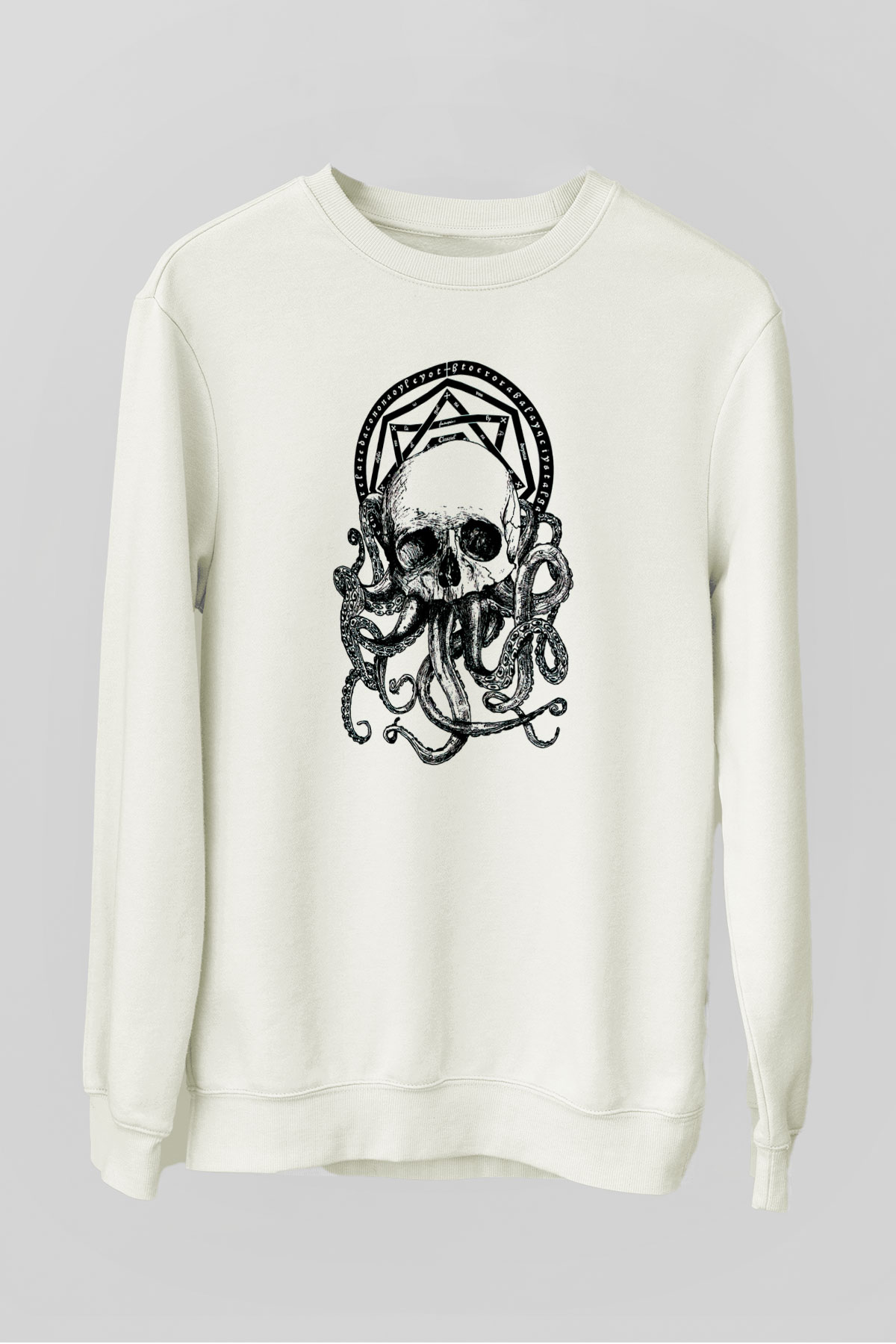 Ahtapot Kurukafa Baskılı Unisex Beyaz  Sweatshirt