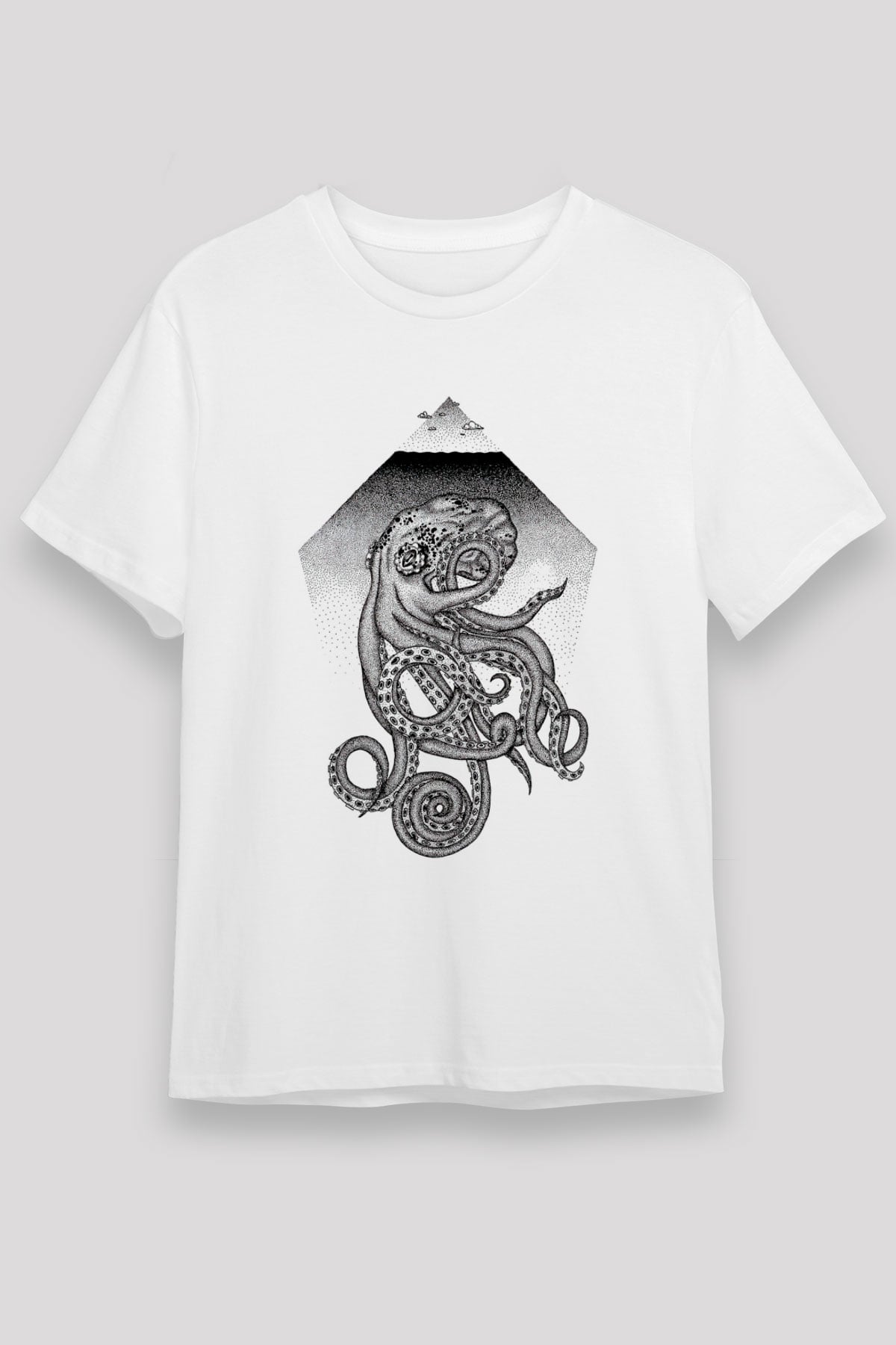 Ahtapot Unisex Baskılı Beyaz Tişört - Tshirt