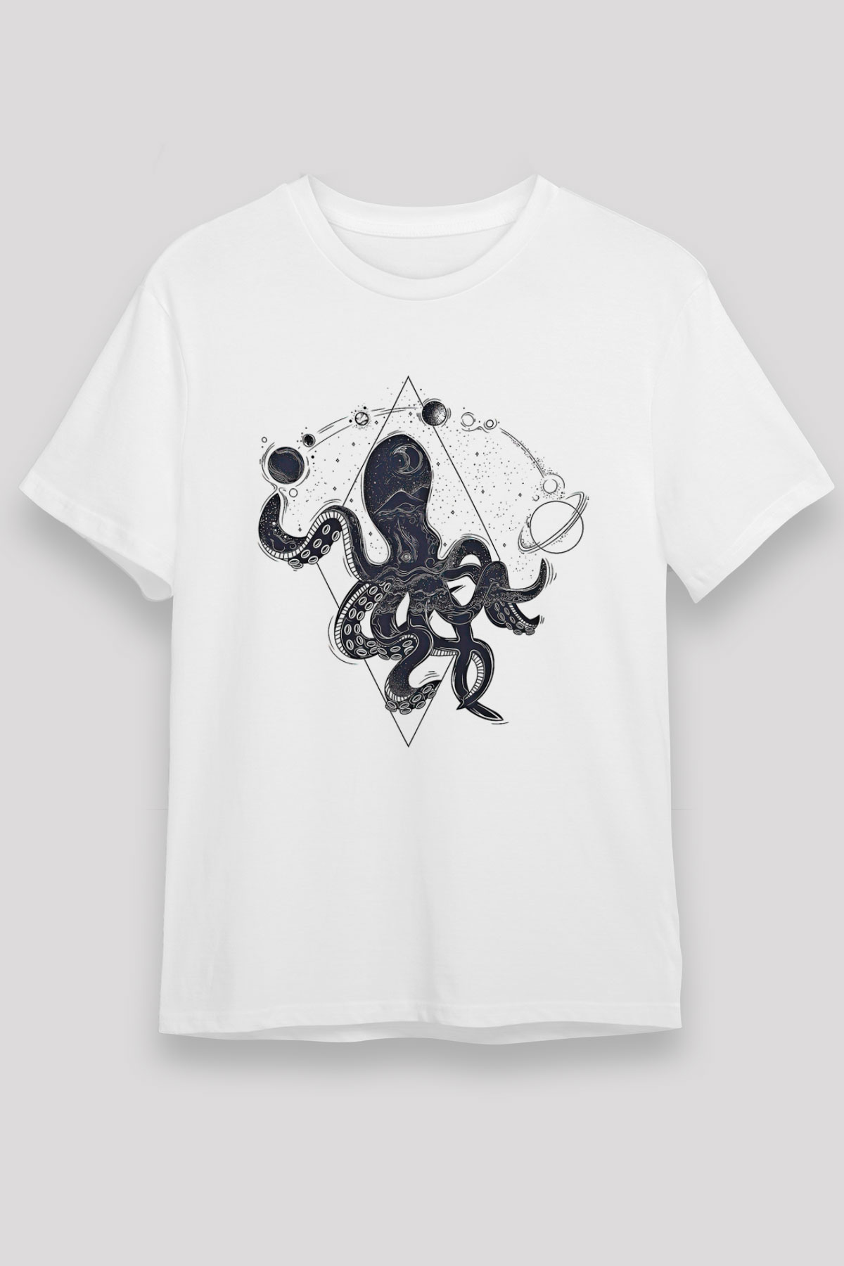 Ahtapot Unisex Baskılı Beyaz Tişört - Tshirt