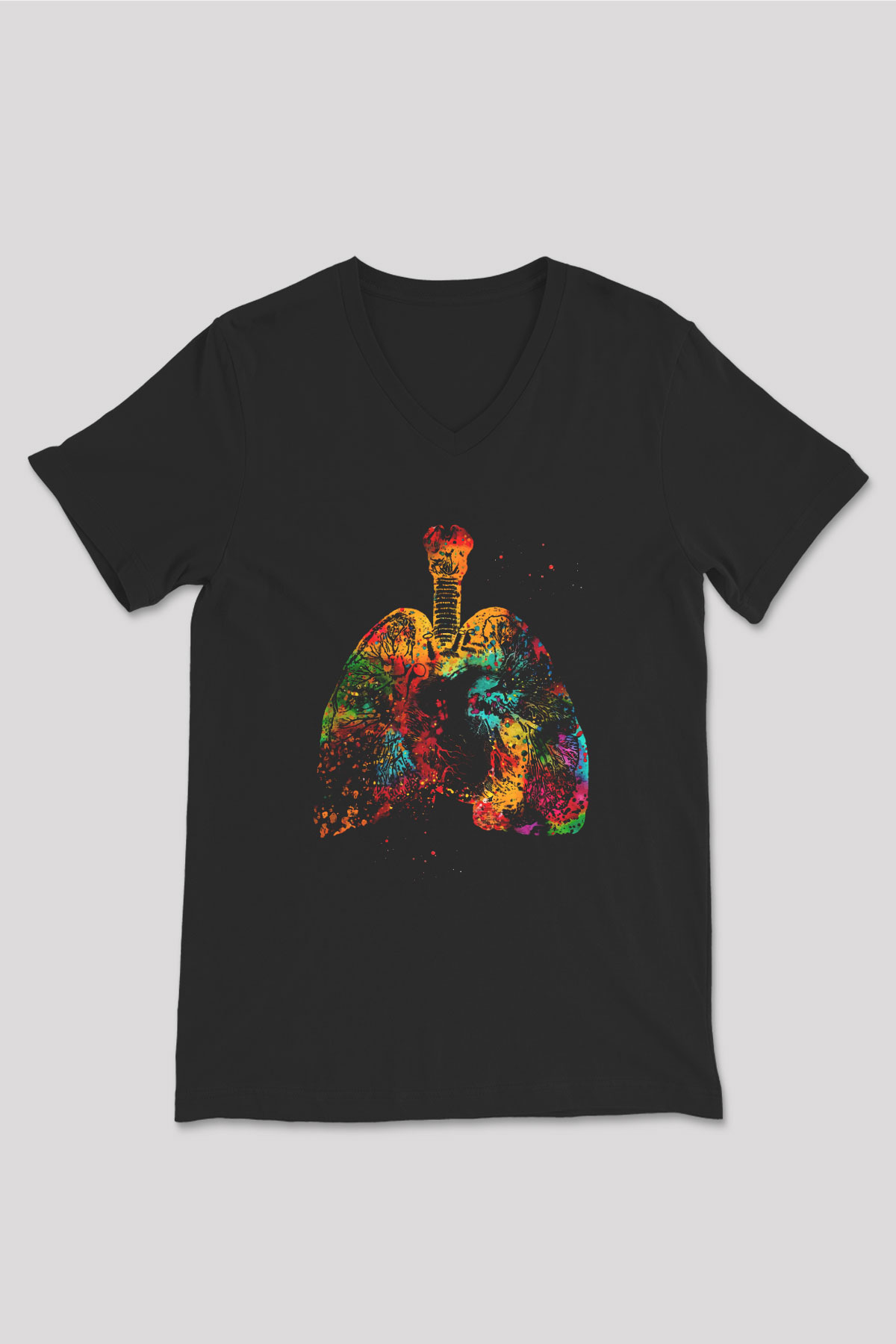 Akciğer Baskılı Unisex V Yaka Siyah Tİşört - Tshirt