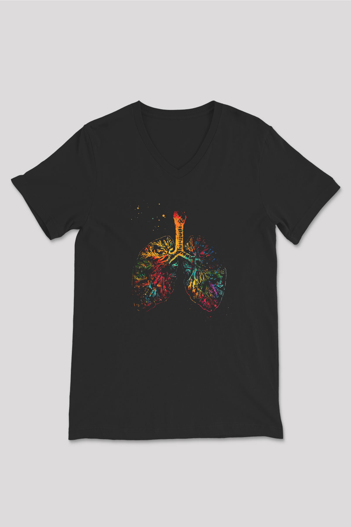 Akciğer Damarlar Renkli Baskılı Unisex V Yaka Siyah Tİşört - Tshirt