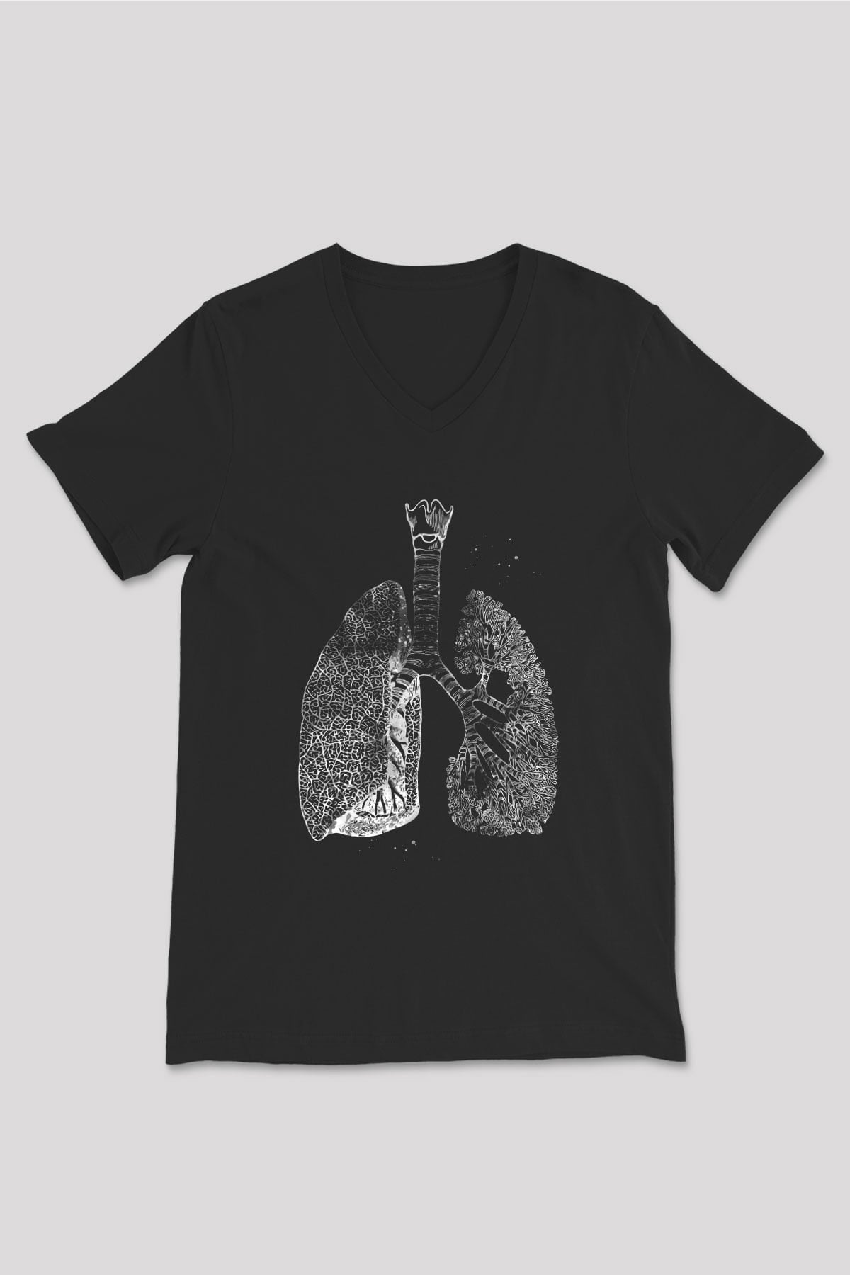 Akciğerler Baskılı Unisex V Yaka Siyah Tİşört - Tshirt