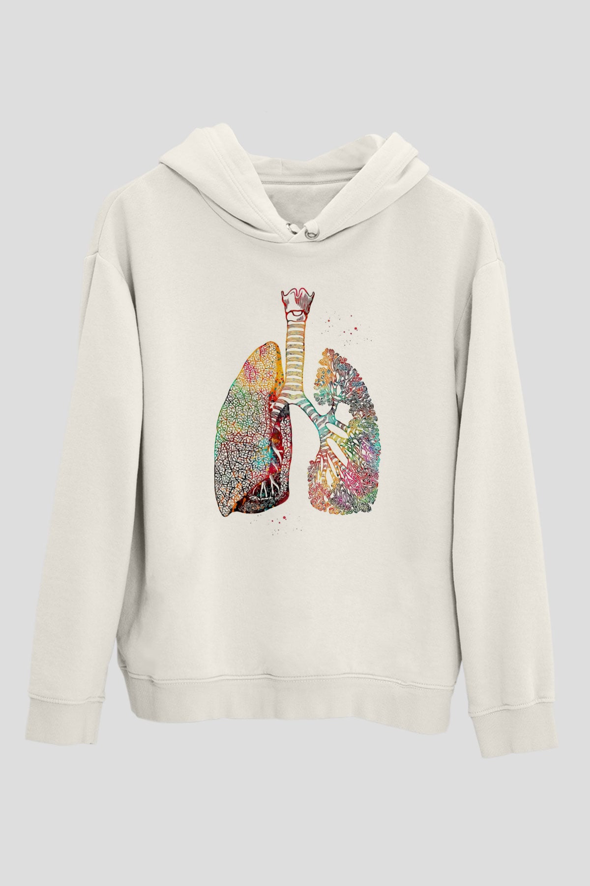 Akciğerler Renkli Baskılı Unisex Ekru Hoodie