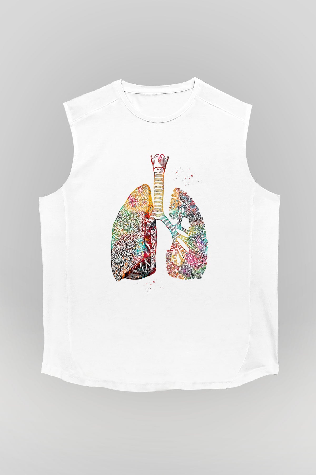 Akciğerler Renkli Baskılı Unisex Kolsuz Beyaz Tişört - Tshirt