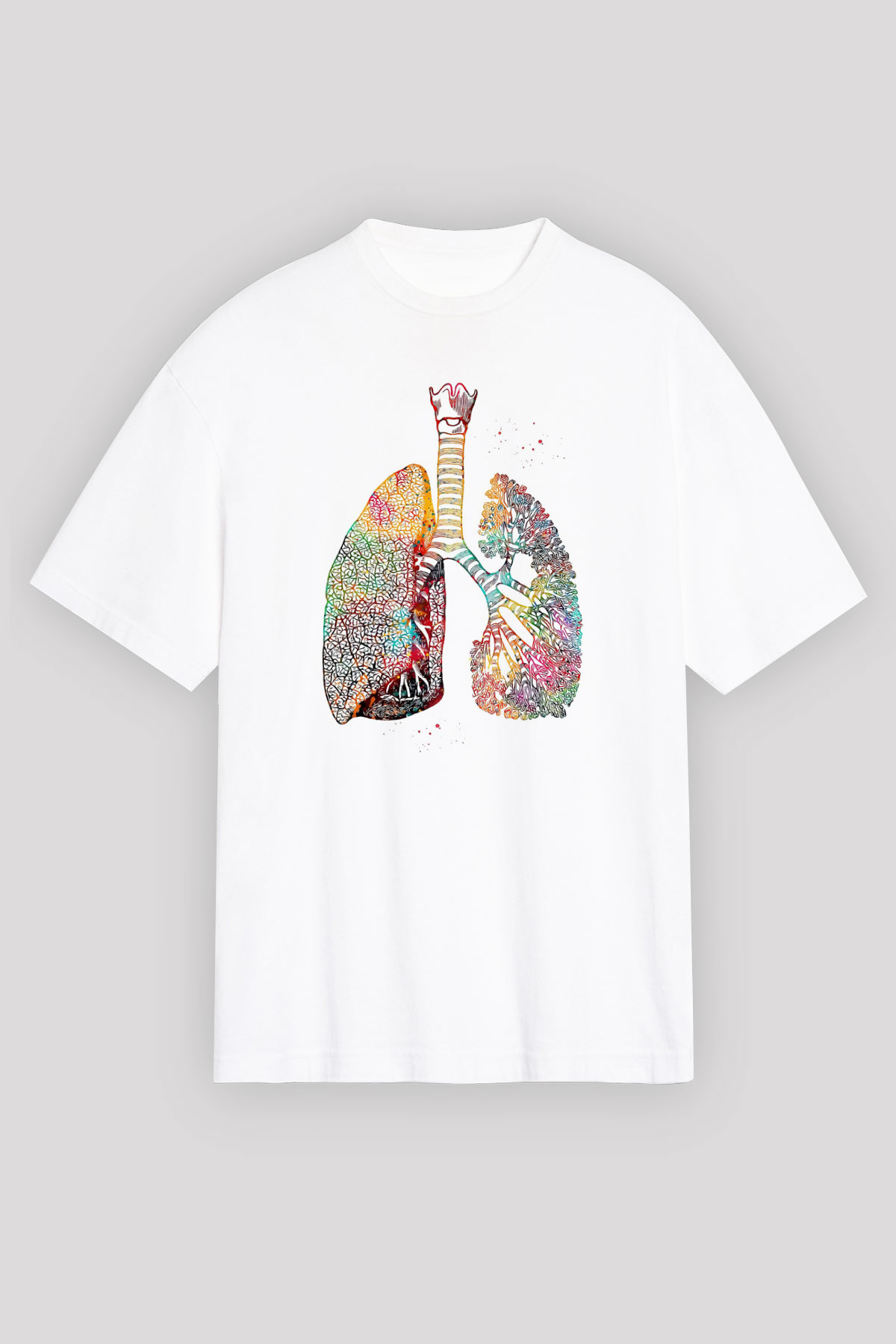 Akciğerler Renkli Baskılı Unisex Oversize Beyaz Tişört - Tshirt