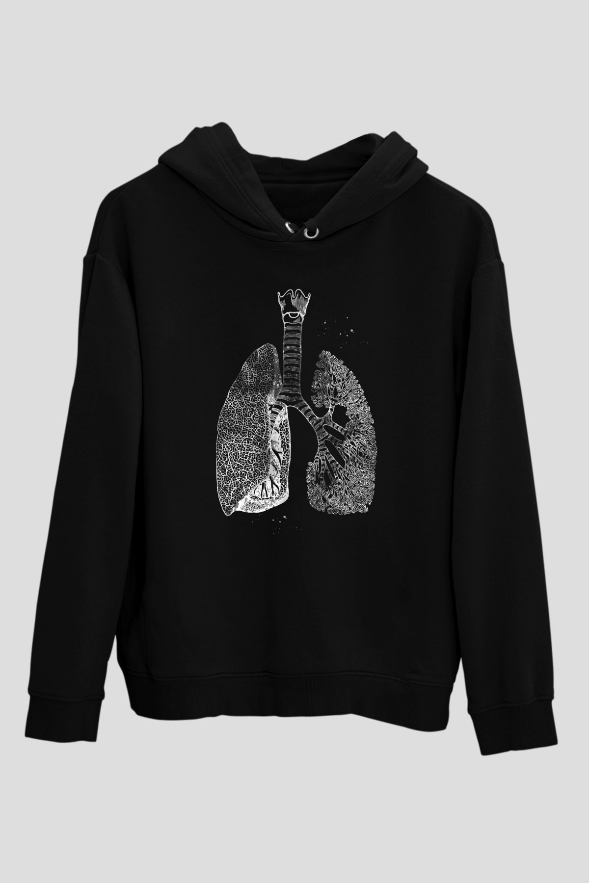 Akciğerler Renkli Baskılı Unisex Siyah Hoodie