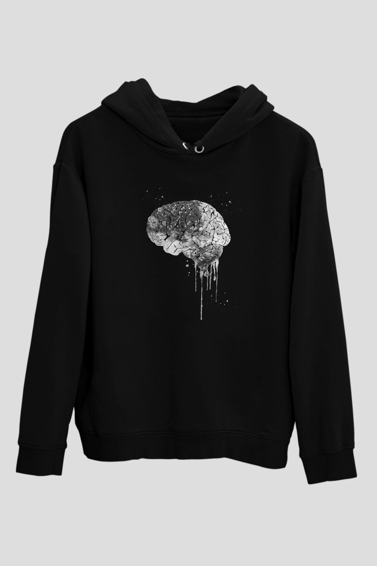Akışkan İnsan Beyni Baskılı Unisex Siyah Kapüşonlu Sweatshirt