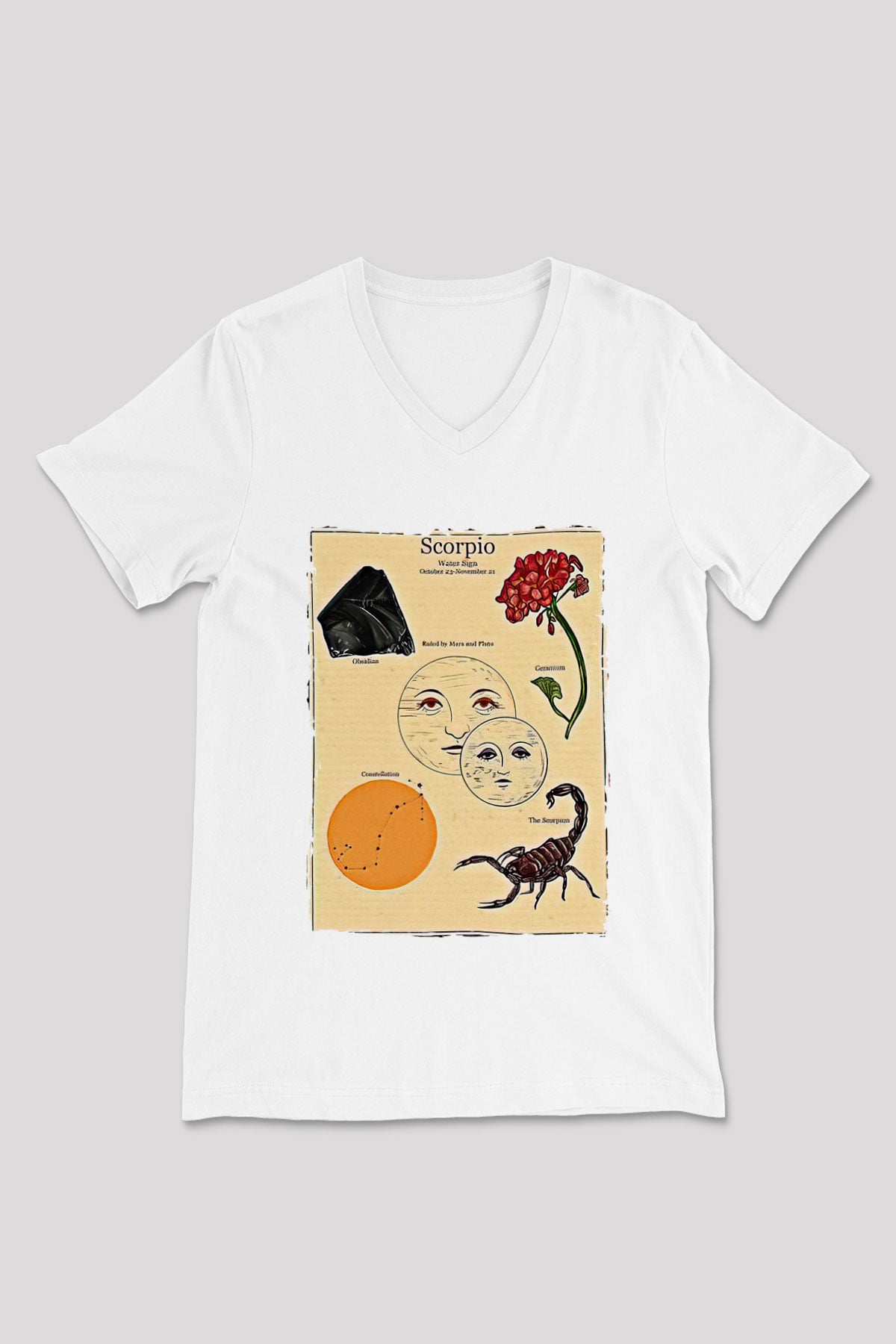 Akrep Burcu Baskılı Beyaz Unisex V Yaka Tişört - Tshirt