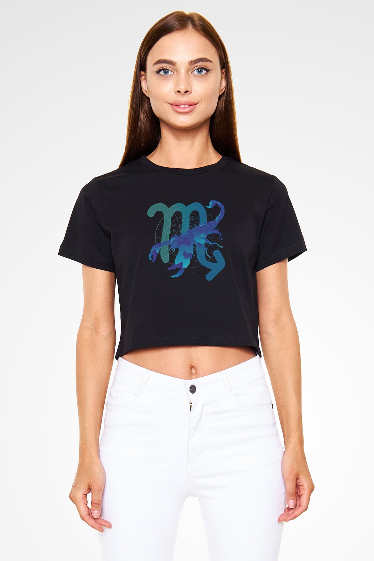 Akrep Burcu Baskılı Siyah Crop Top Kadın Tişört - Tshirt