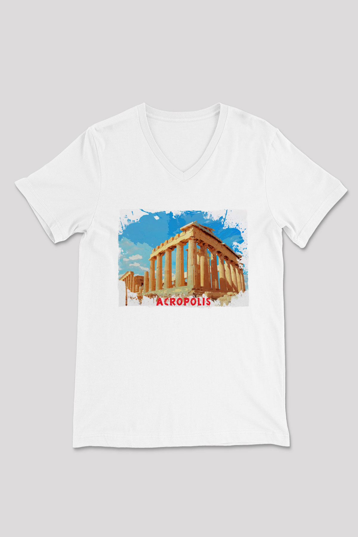 Akropolis Beyaz Unisex V Yaka Tişört