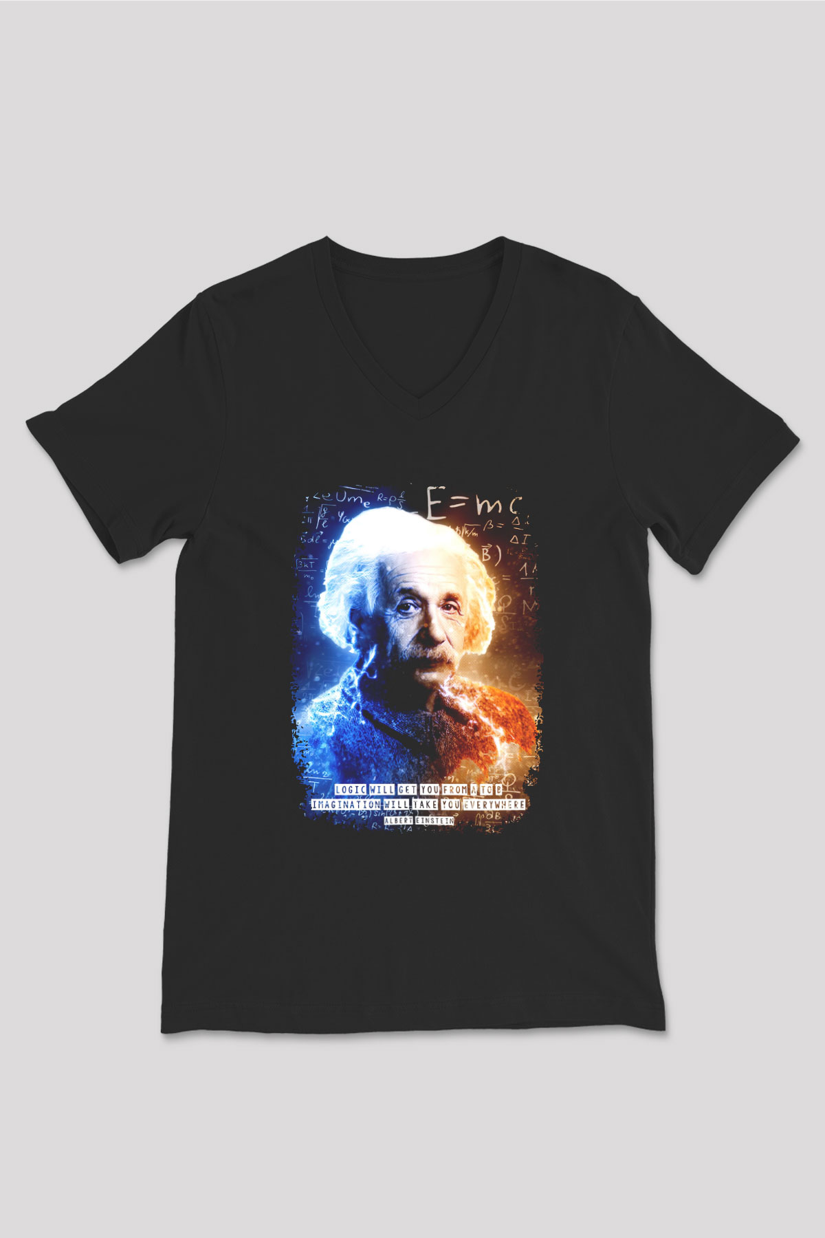 Albert Alıntı Baskılı Unisex V Yaka Siyah Tİşört - Tshirt
