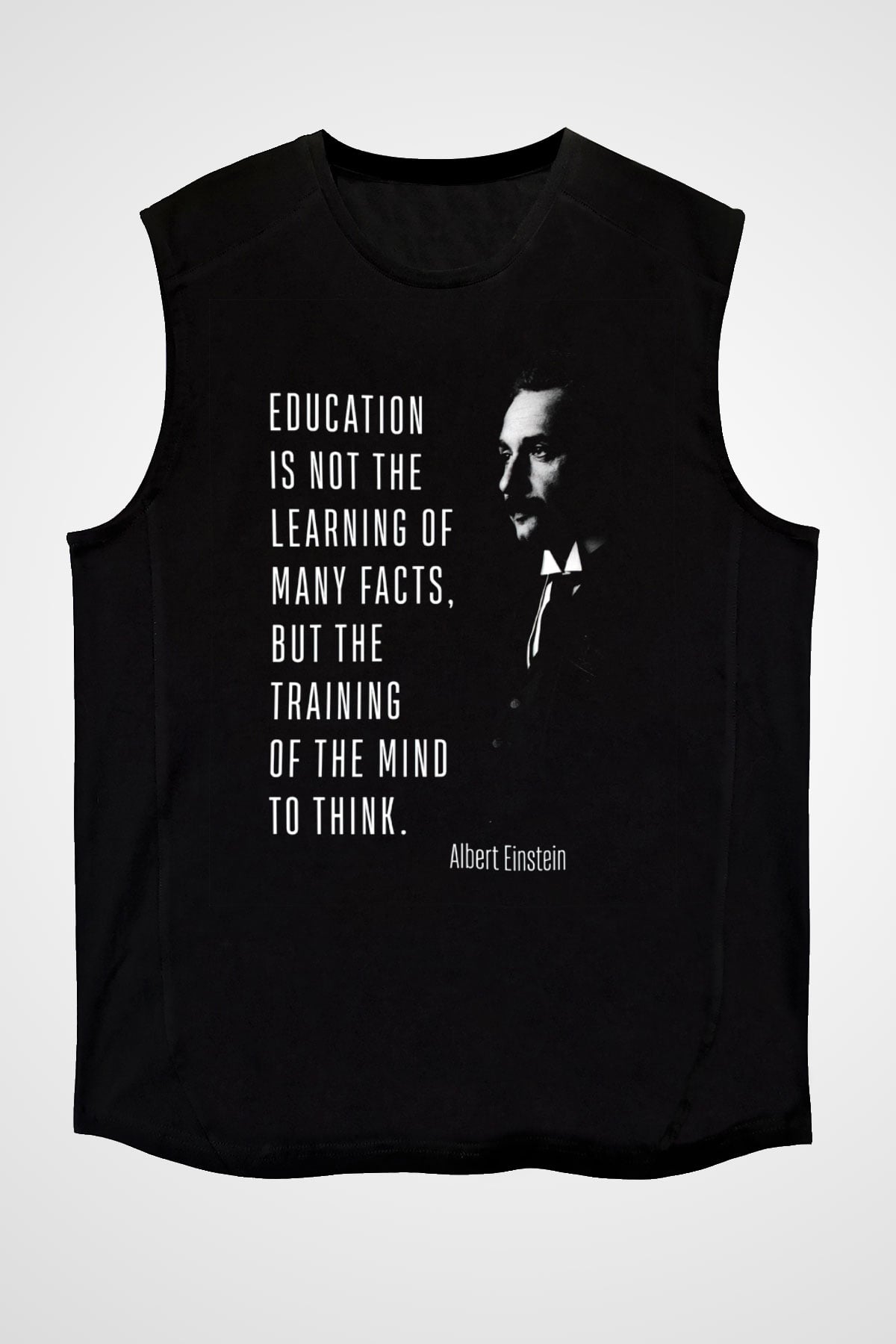 Albert Einstein Alıntı Baskılı Unisex Kolsuz Siyah Tişört - Tshirt