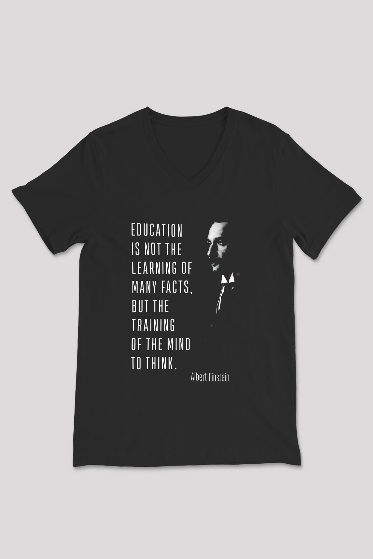 Albert Einstein Alıntı Baskılı Unisex V Yaka Siyah Tİşört - Tshirt