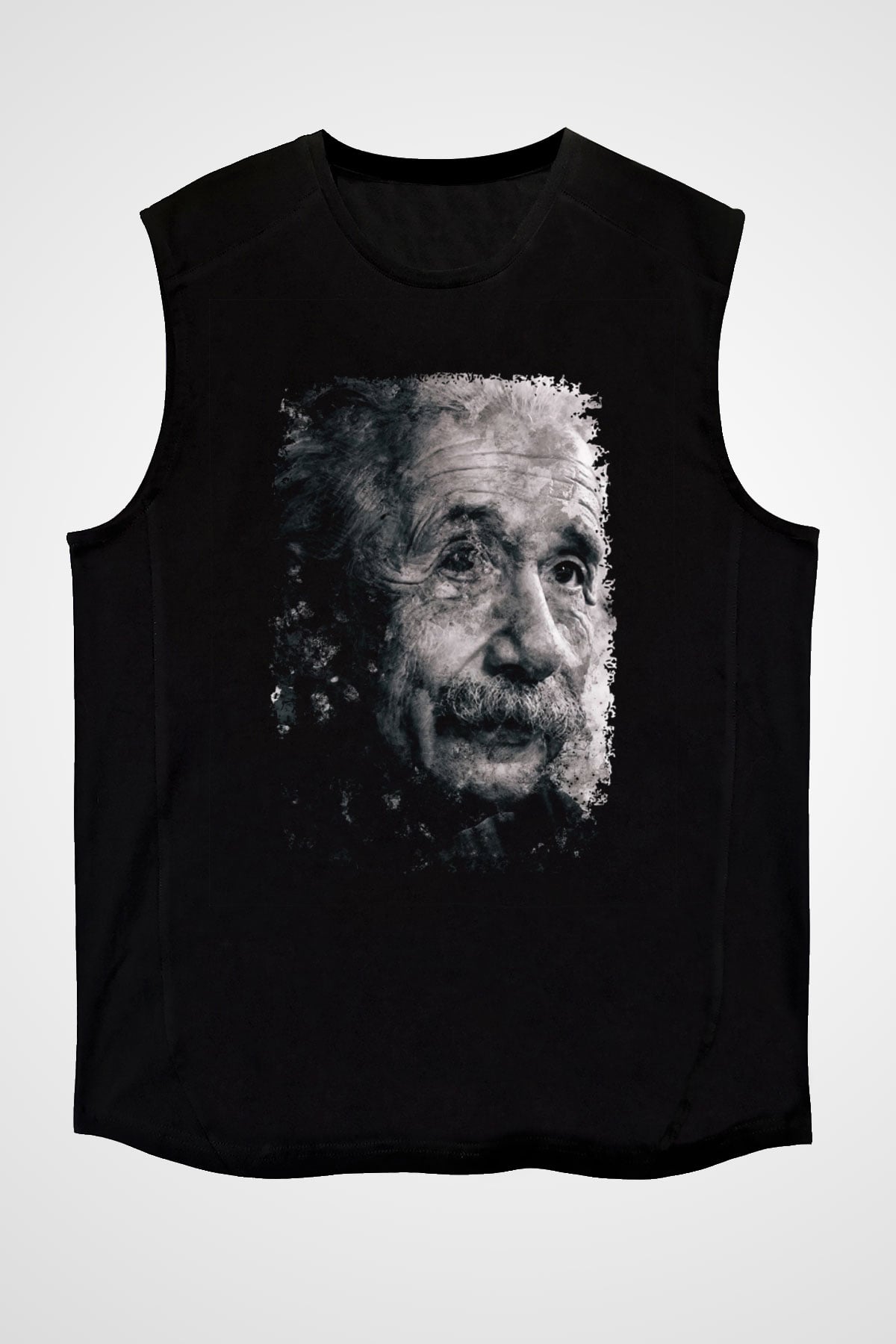 Albert Einstein Baskılı Unisex Kolsuz Siyah Tişört - Tshirt