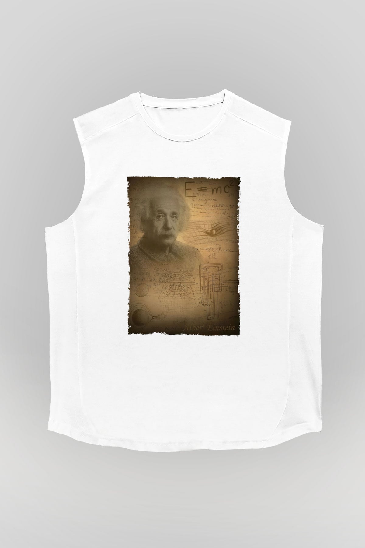 Albert Einstein Baskılı Unisex Kolsuz Beyaz Tişört - Tshirt