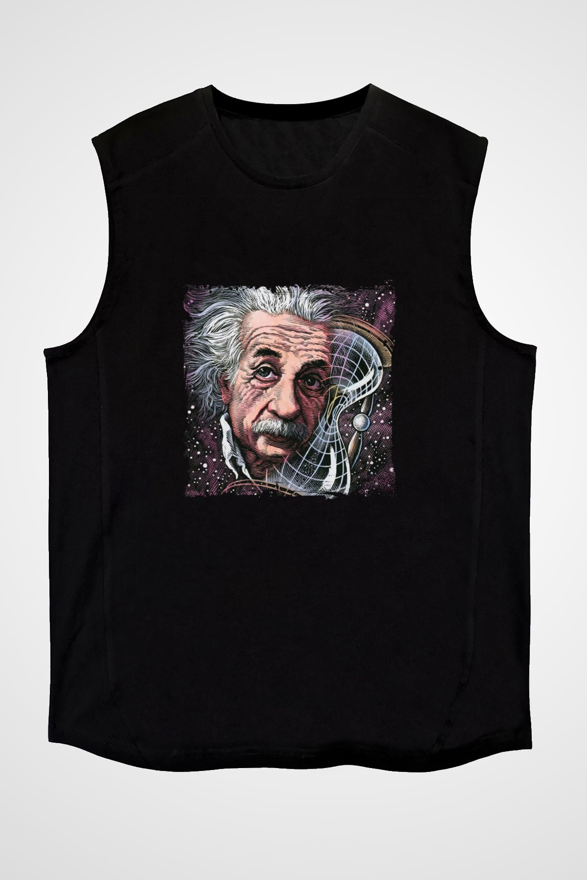 Albert Einstein Baskılı Unisex Siyah Kolsuz Tişört