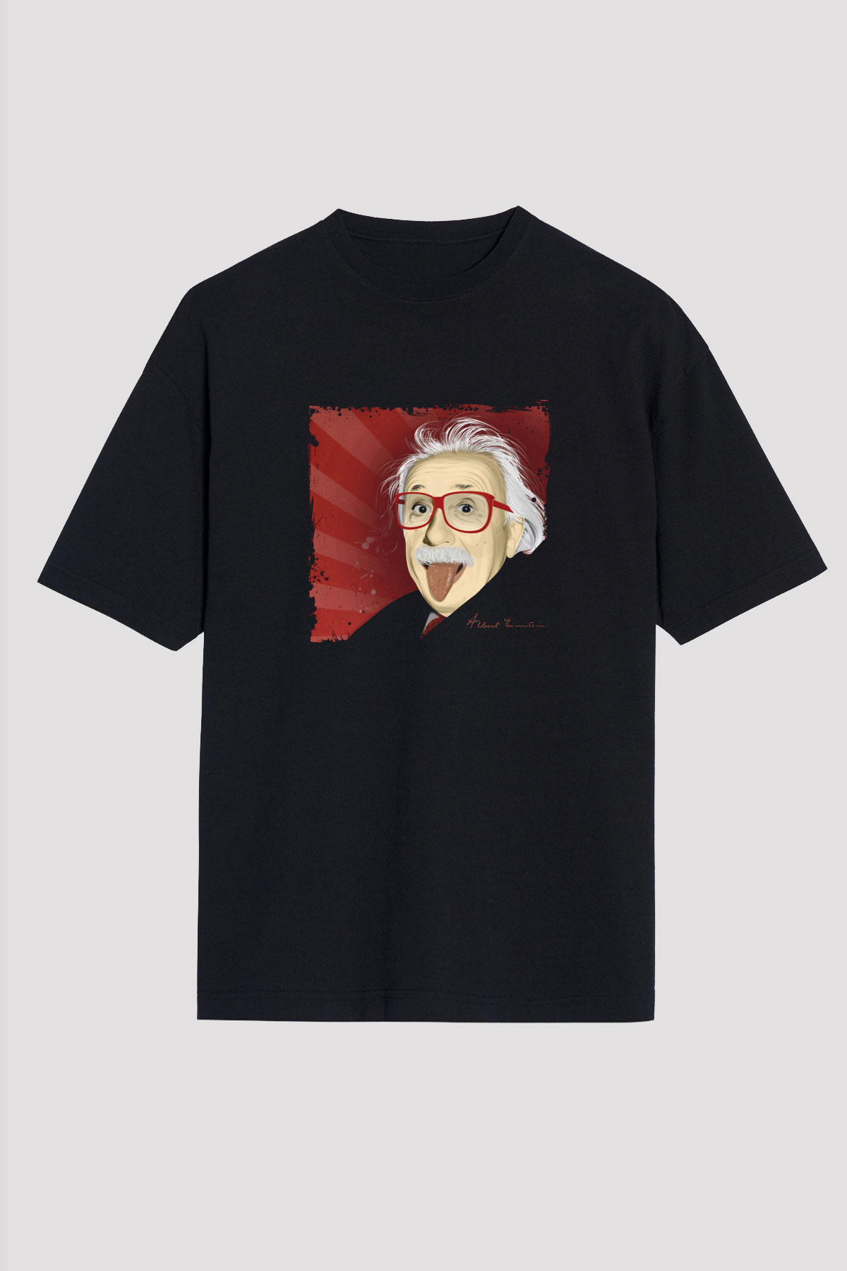 Albert Einstein Baskılı Unisex Siyah Oversize Tişört