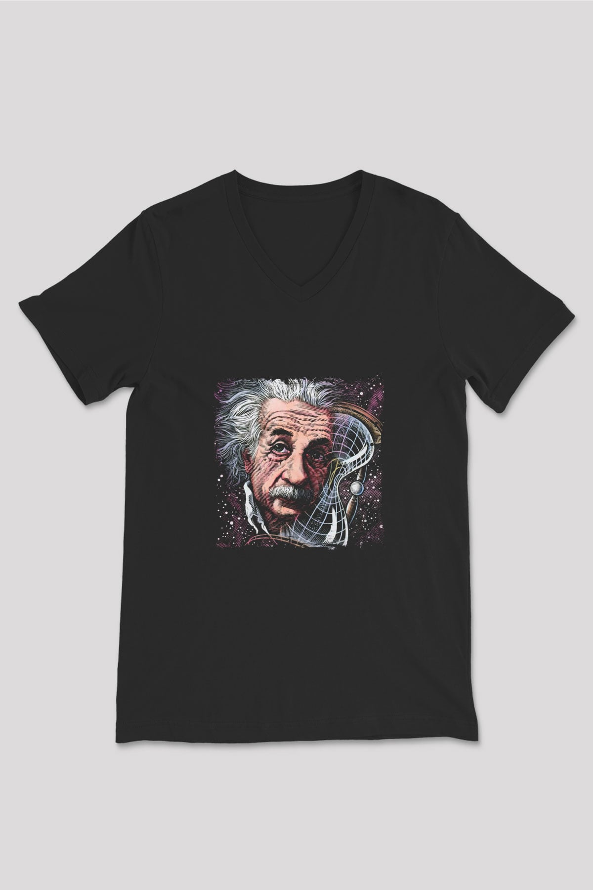 Albert Einstein Baskılı Unisex Siyah V Yaka Tişört