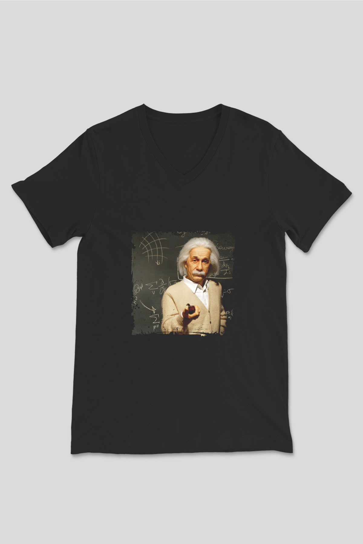 Albert Einstein Baskılı Unisex Siyah V Yaka Tişört