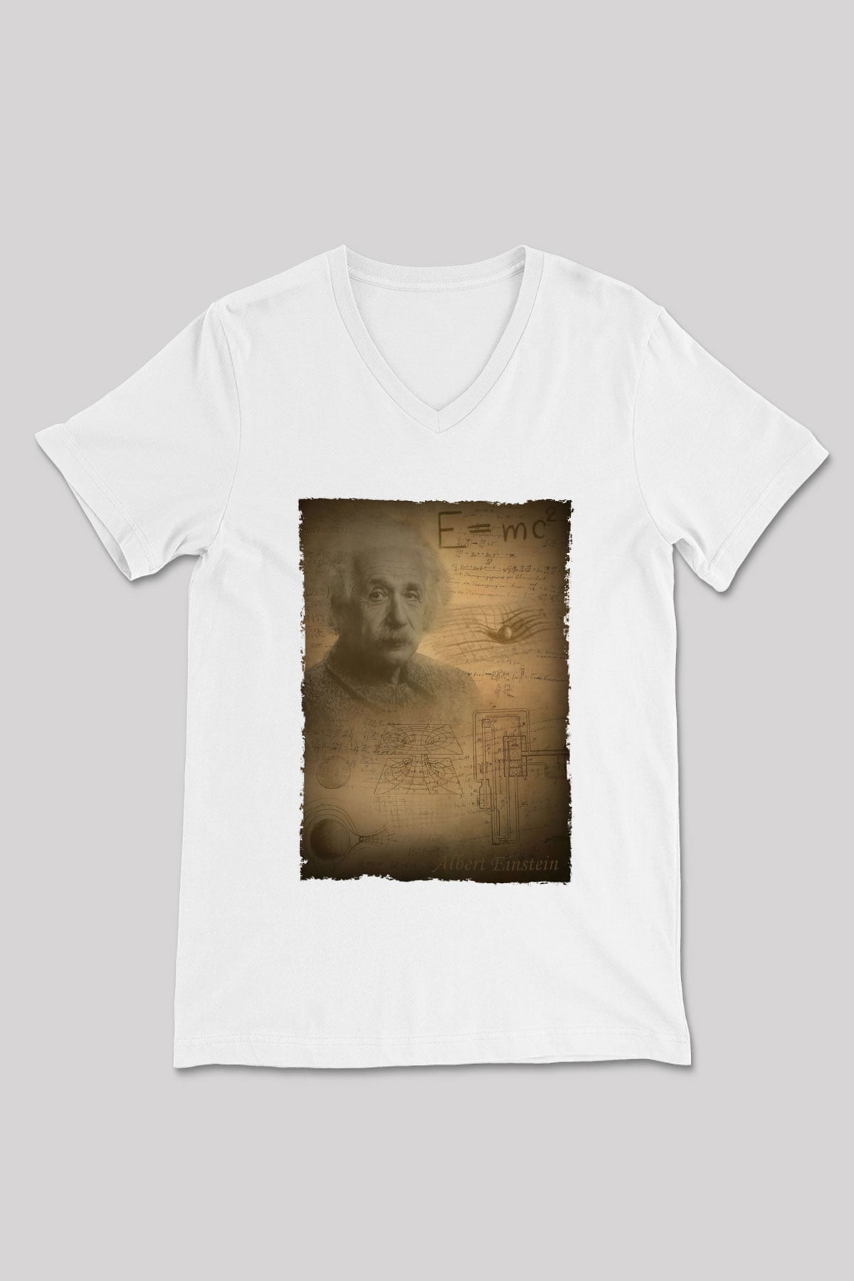 Albert Einstein Baskılı Unisex V Yaka Beyaz Tişört - Tshirt