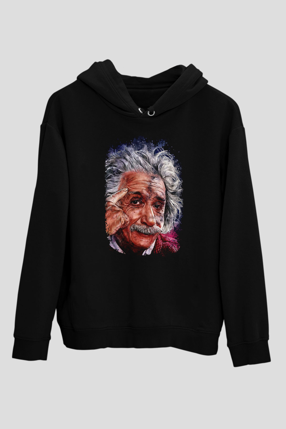 Albert Einstein Çizim Baskılı Unisex Siyah Hoodie