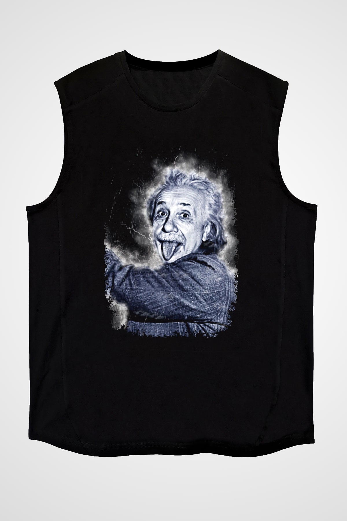 Albert Einstein Dil Çıkaran Portre Baskılı Unisex Kolsuz Siyah Tişört - Tshirt