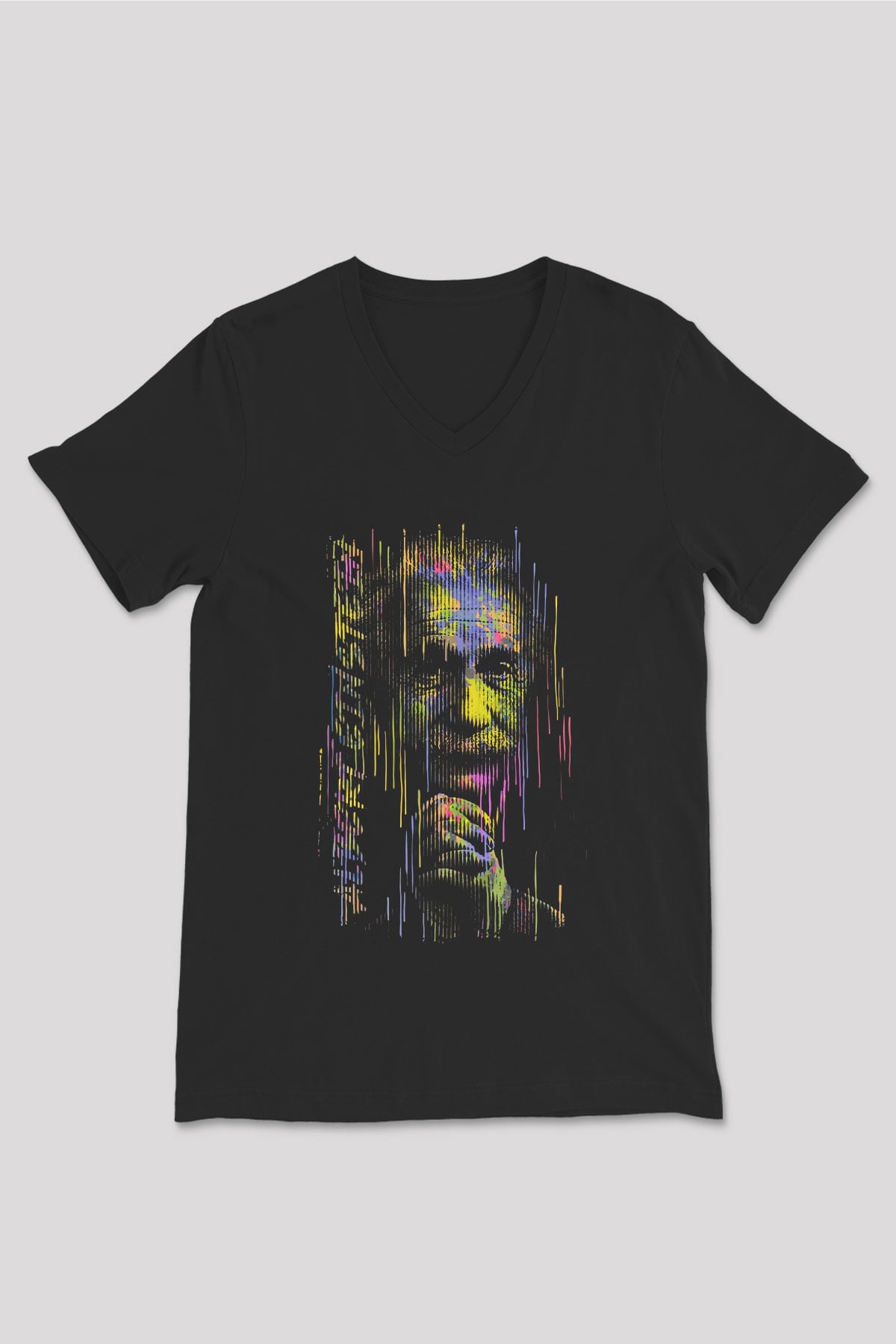 Albert Einstein Fotoğraf Baskılı Unisex V Yaka Siyah Tİşört - Tshirt