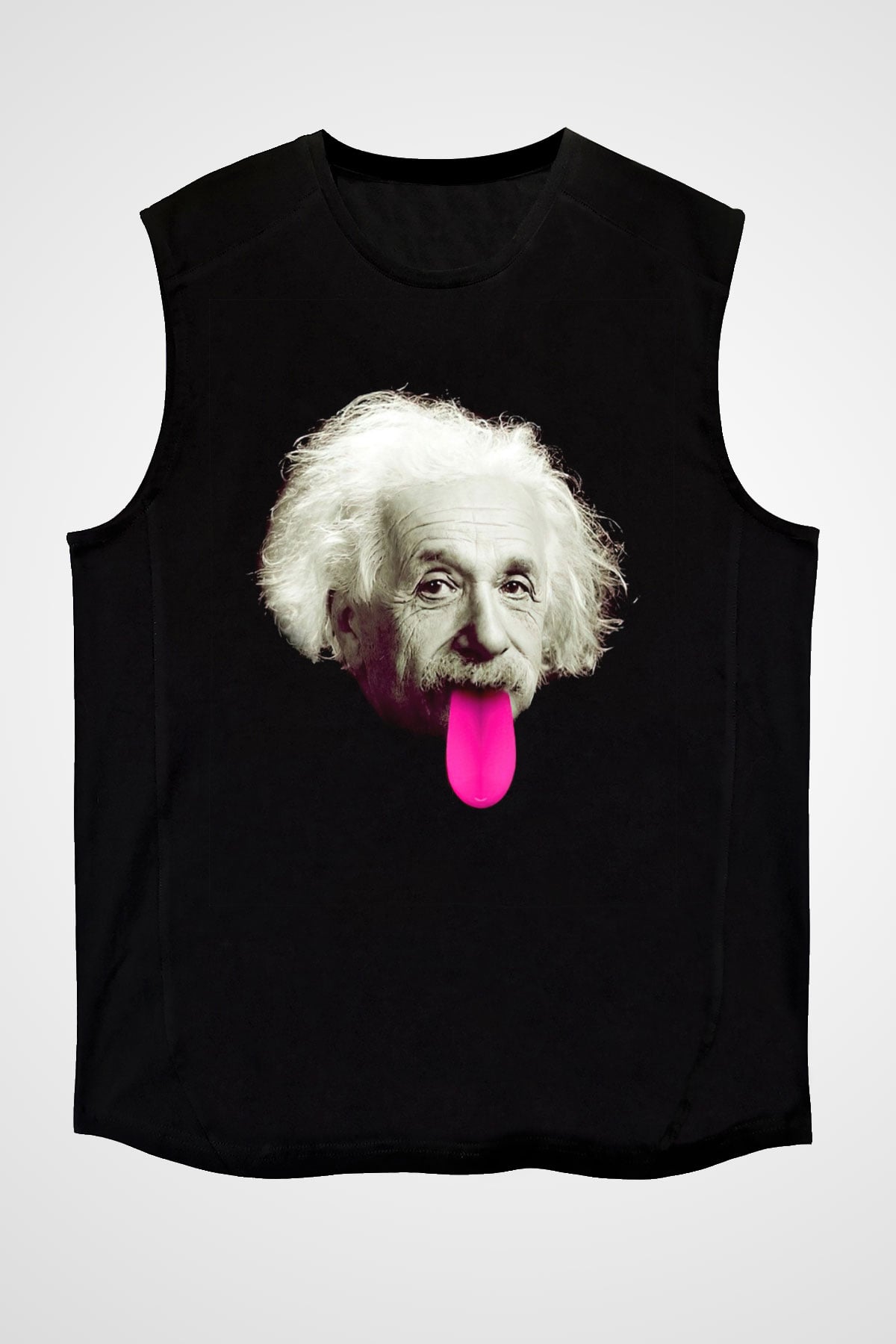 Albert Einstein Pembe Dil Baskılı Unisex Siyah Kolsuz Tişört