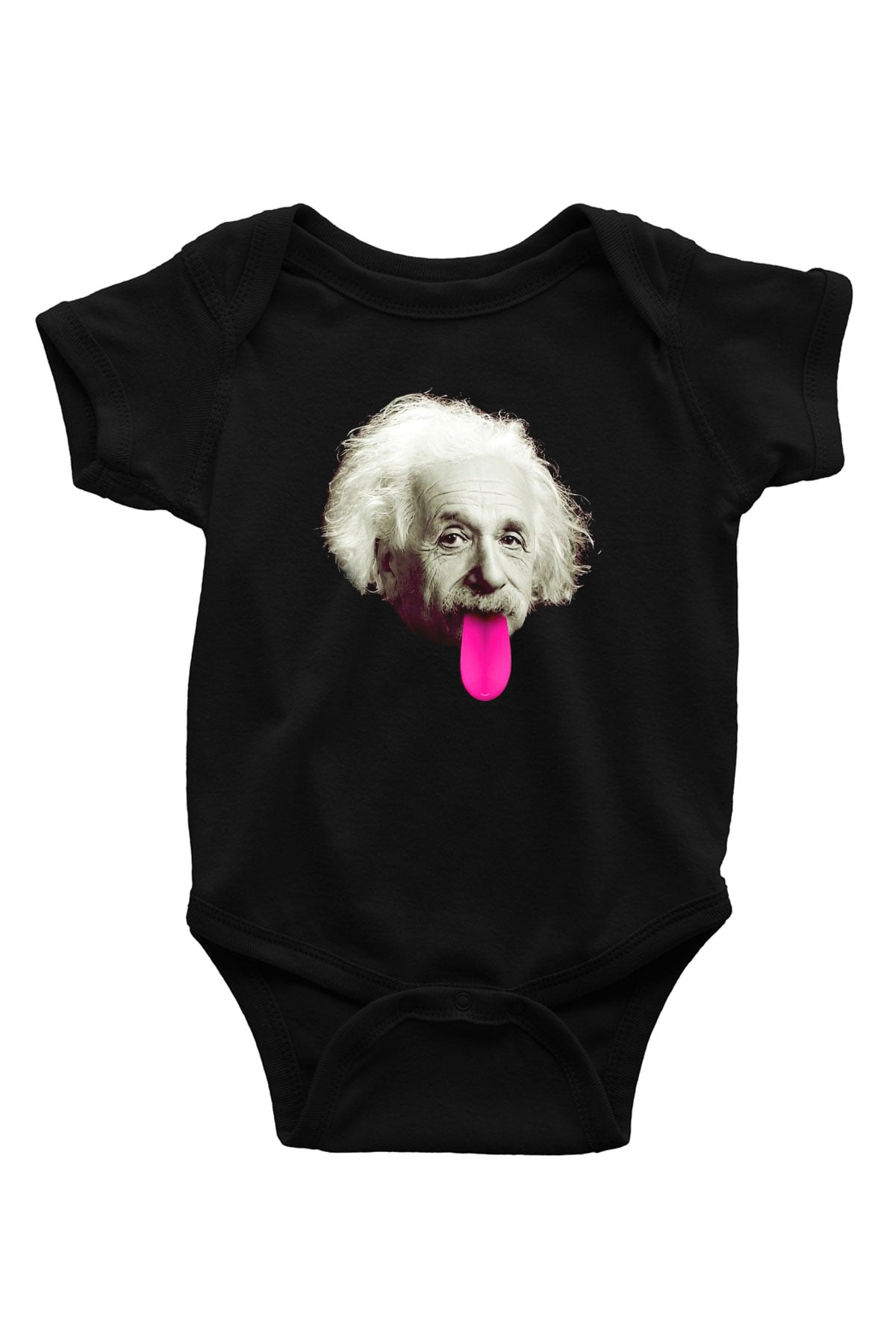 Albert Einstein Pembe Dil Baskılı Unisex Siyah Bebek Body - Zıbın